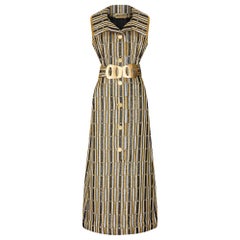 1970s Aled Couture Gold Black and Silver Lame Dress with Oversized Belt