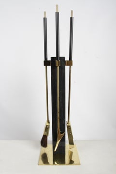 1970s Alessandro Albrizzi Brass and Black Marble Fireplace Tool Set - Italy