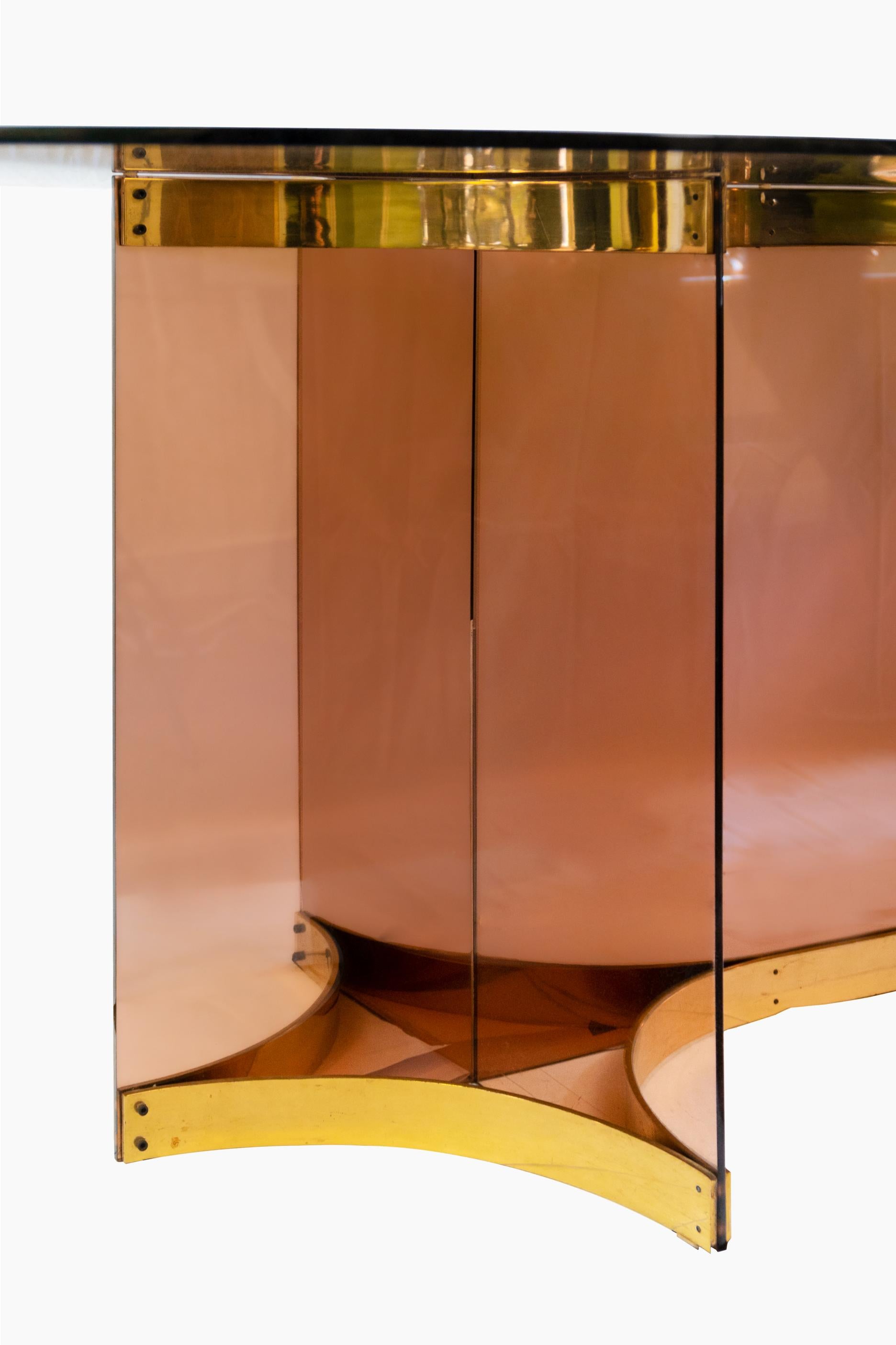 Italian 1970's Alessandro Albrizzi Dining Table Glass Perspex Orange Brass Mid Century For Sale