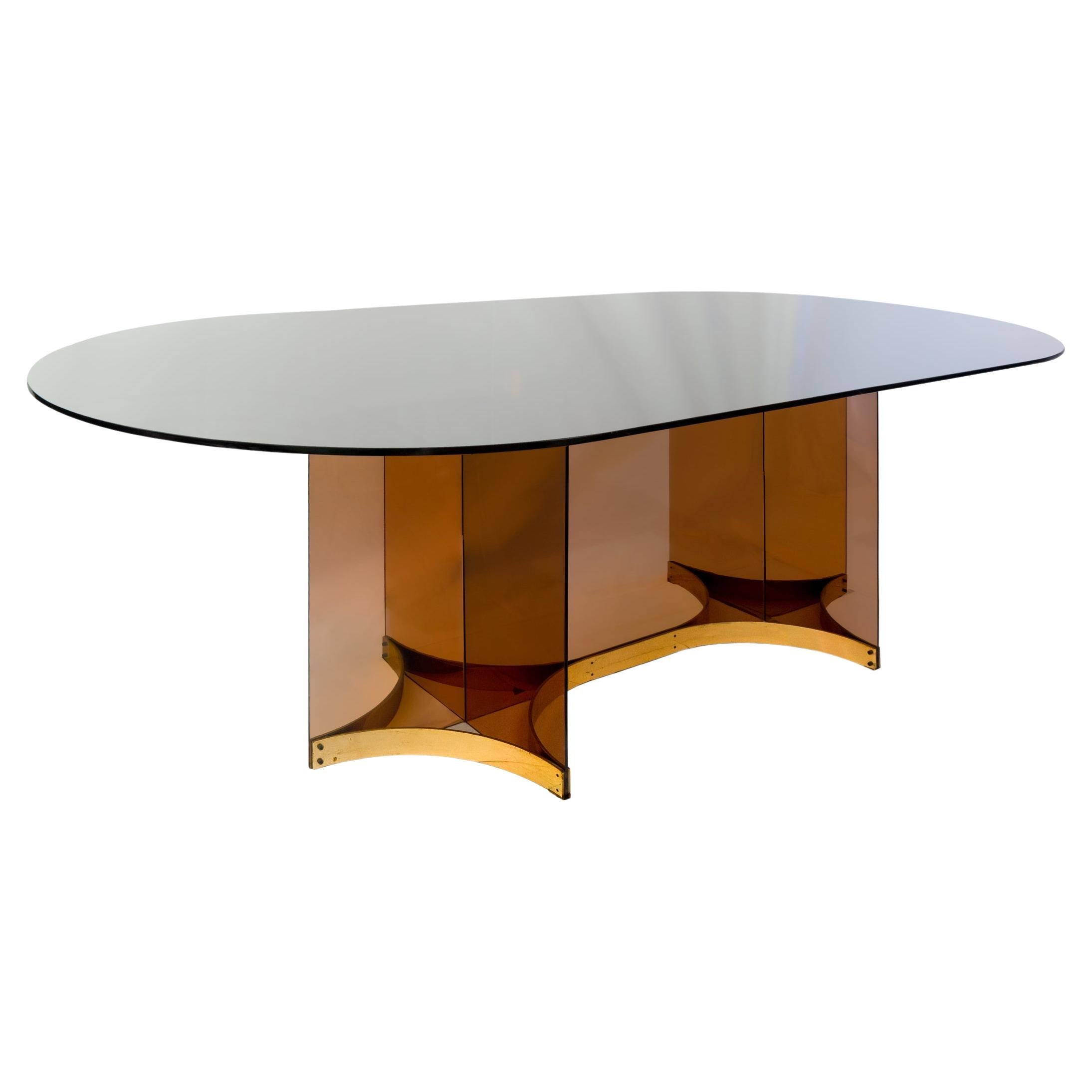 1970's Alessandro Albrizzi Dining Table Glass Perspex Orange Brass Mid Century For Sale
