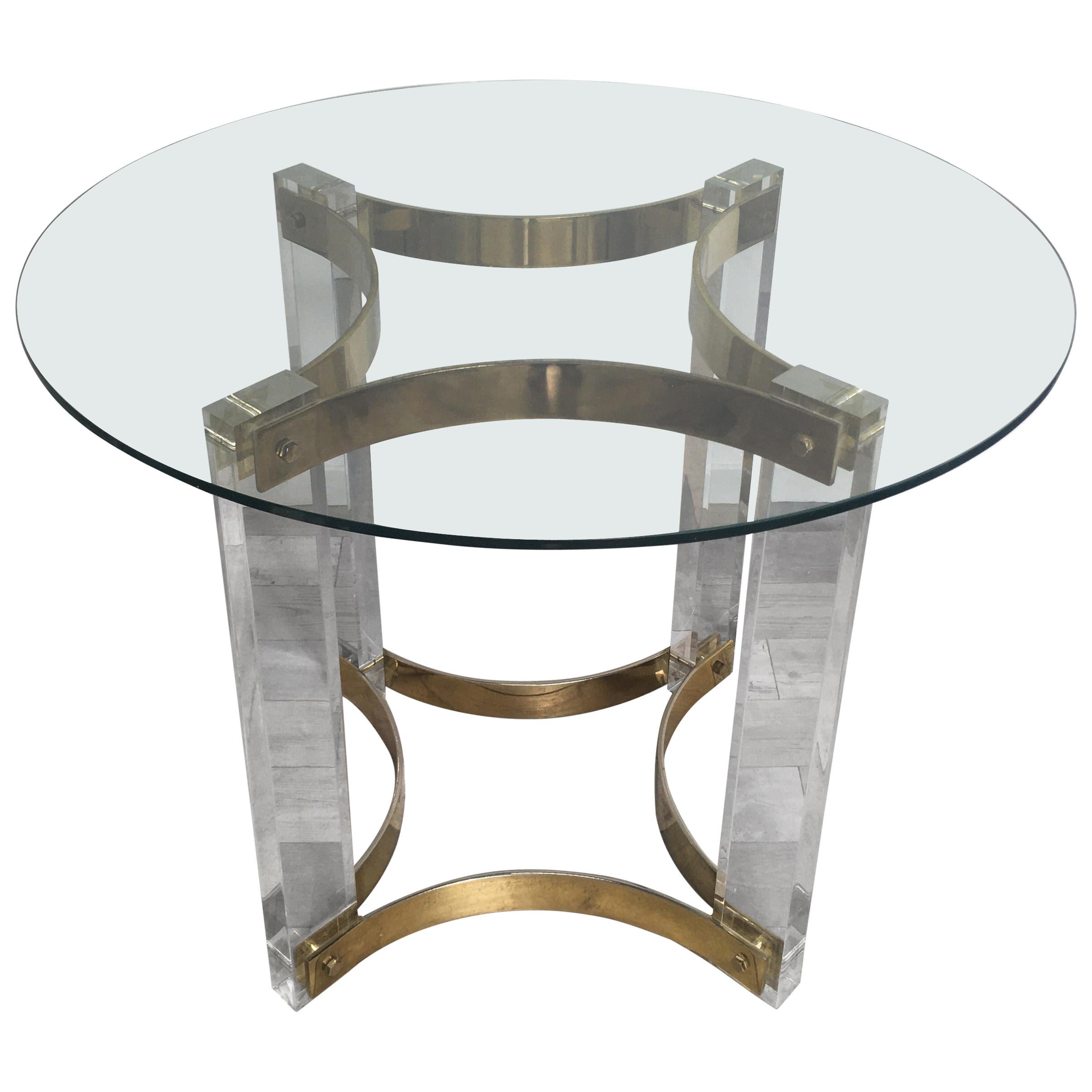 1970 Alessandro Albrizzi Italian Design Round Glass Brass Plexi Pedestal Table en vente