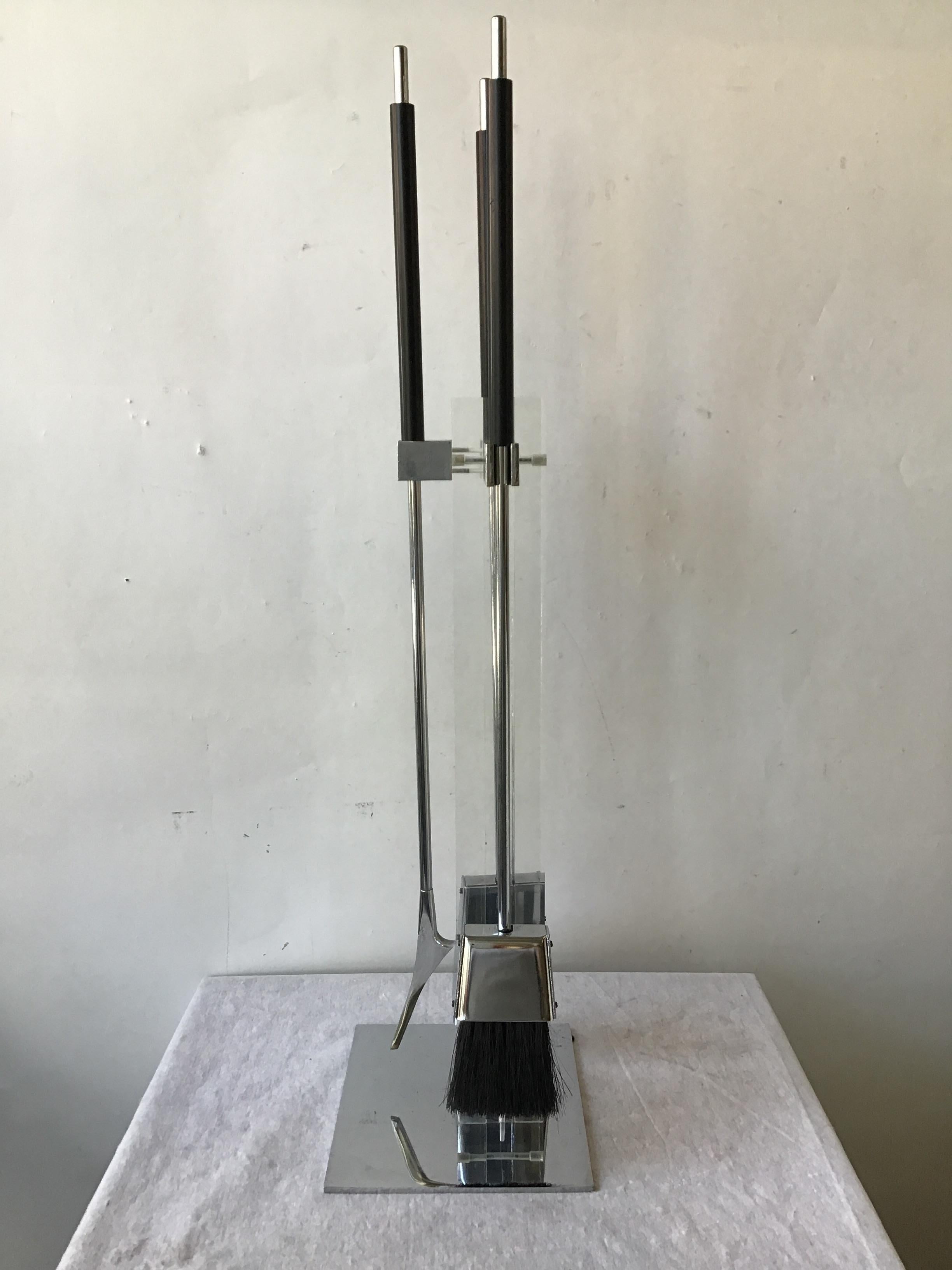 Late 20th Century 1970s Alessandro Albrizzi Lucite and Polished Chrome Fireplace Tool Set