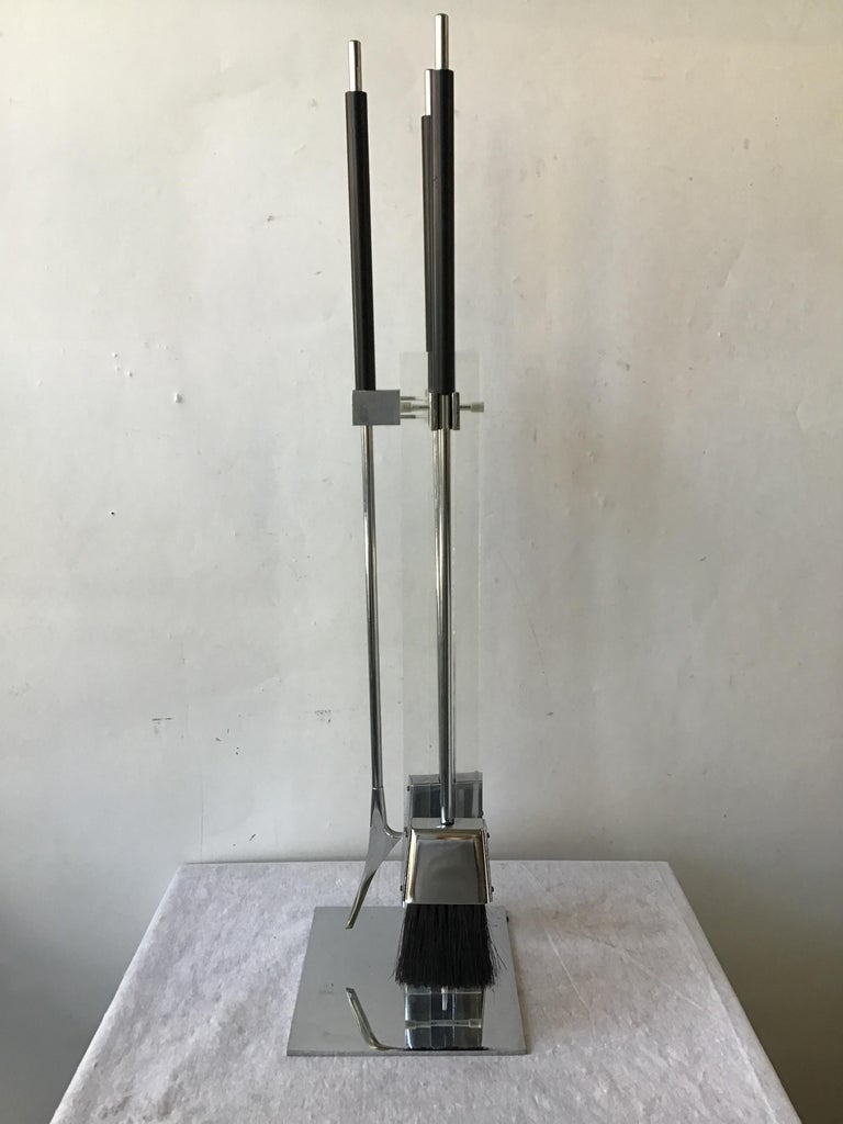 Late 20th Century 1970s Alessandro Albrizzi Lucite and Polished Chrome Fireplace Tool Set For Sale