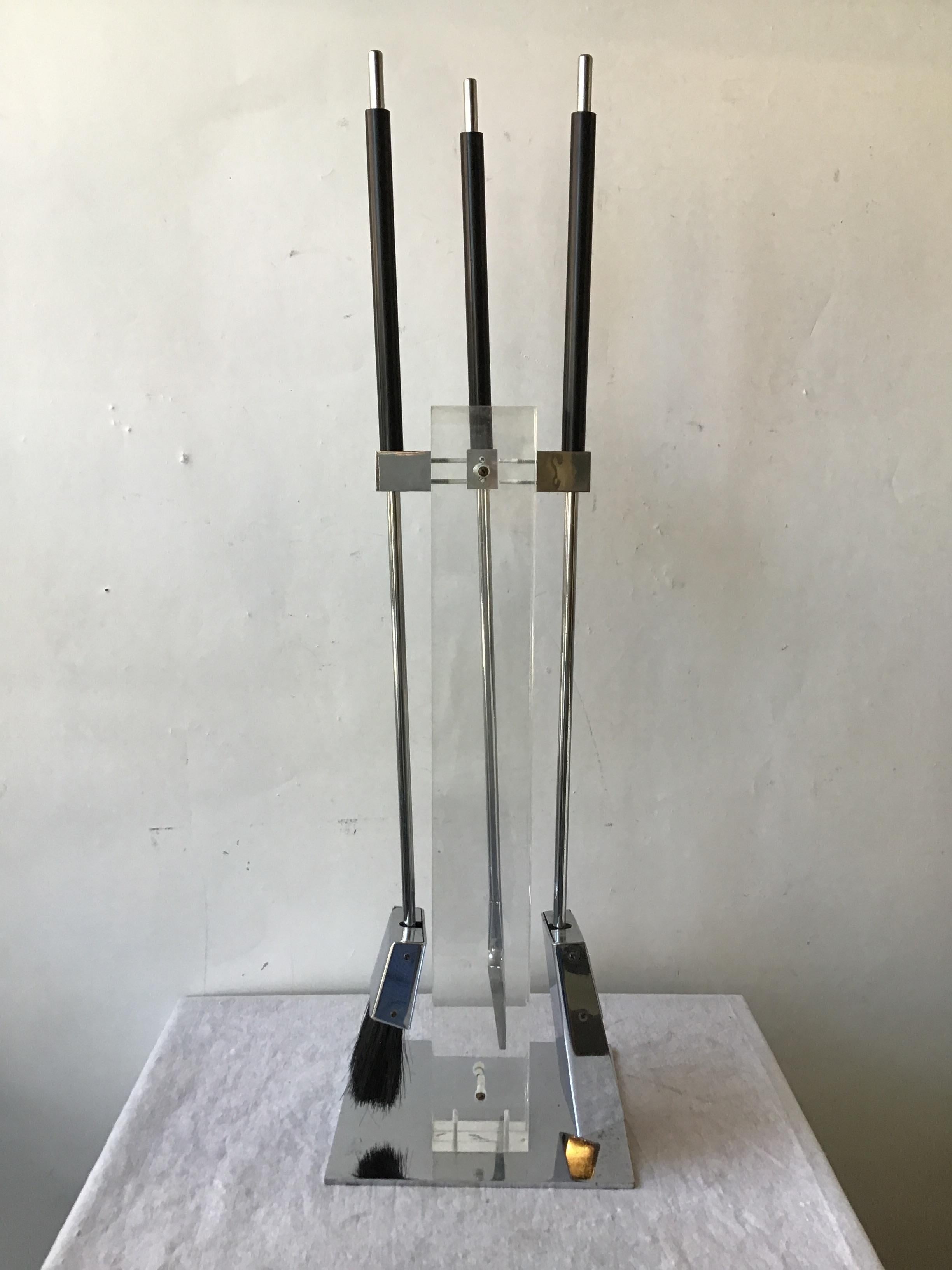 1970s Alessandro Albrizzi Lucite and Polished Chrome Fireplace Tool Set 1