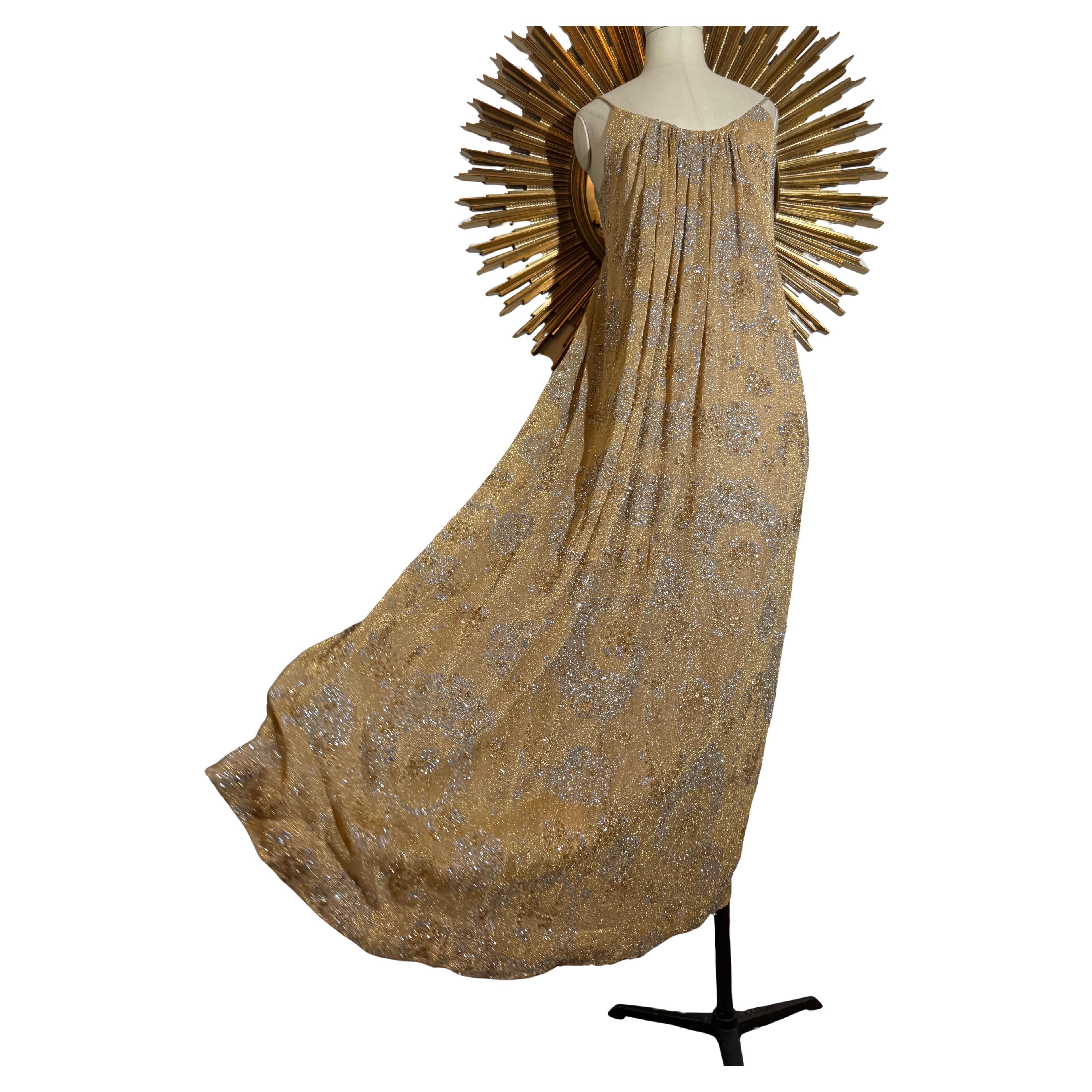 1970s Alfred Bosand Goddess Gown In Gold Lame Mesh w Silver/Gold Glitter
