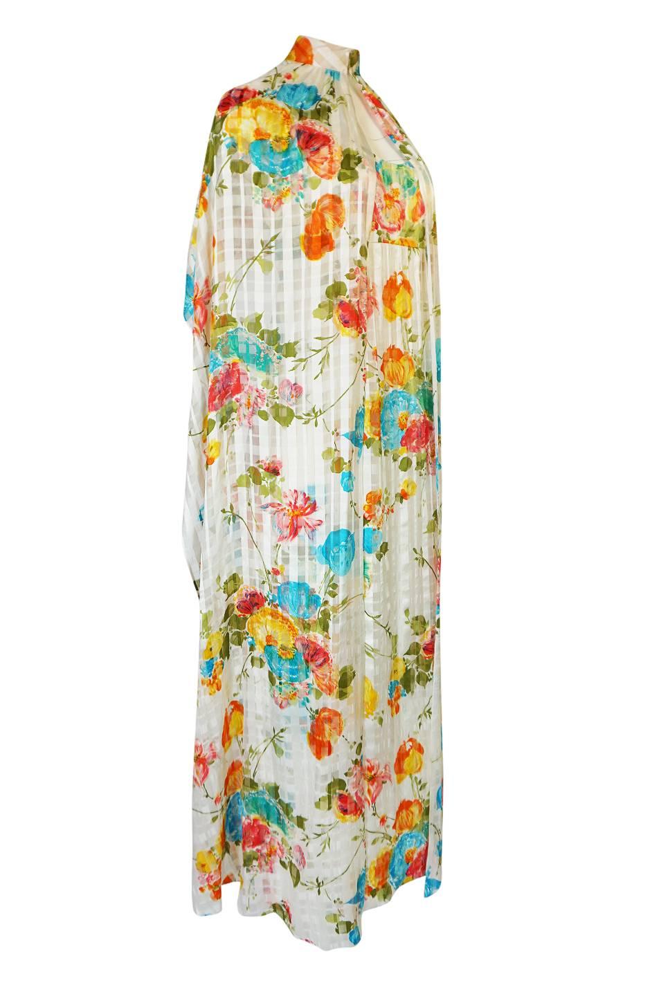 1970s Alfred Bosand Printed Floral Ribbon Silk Gown & Cape In Excellent Condition In Rockwood, ON