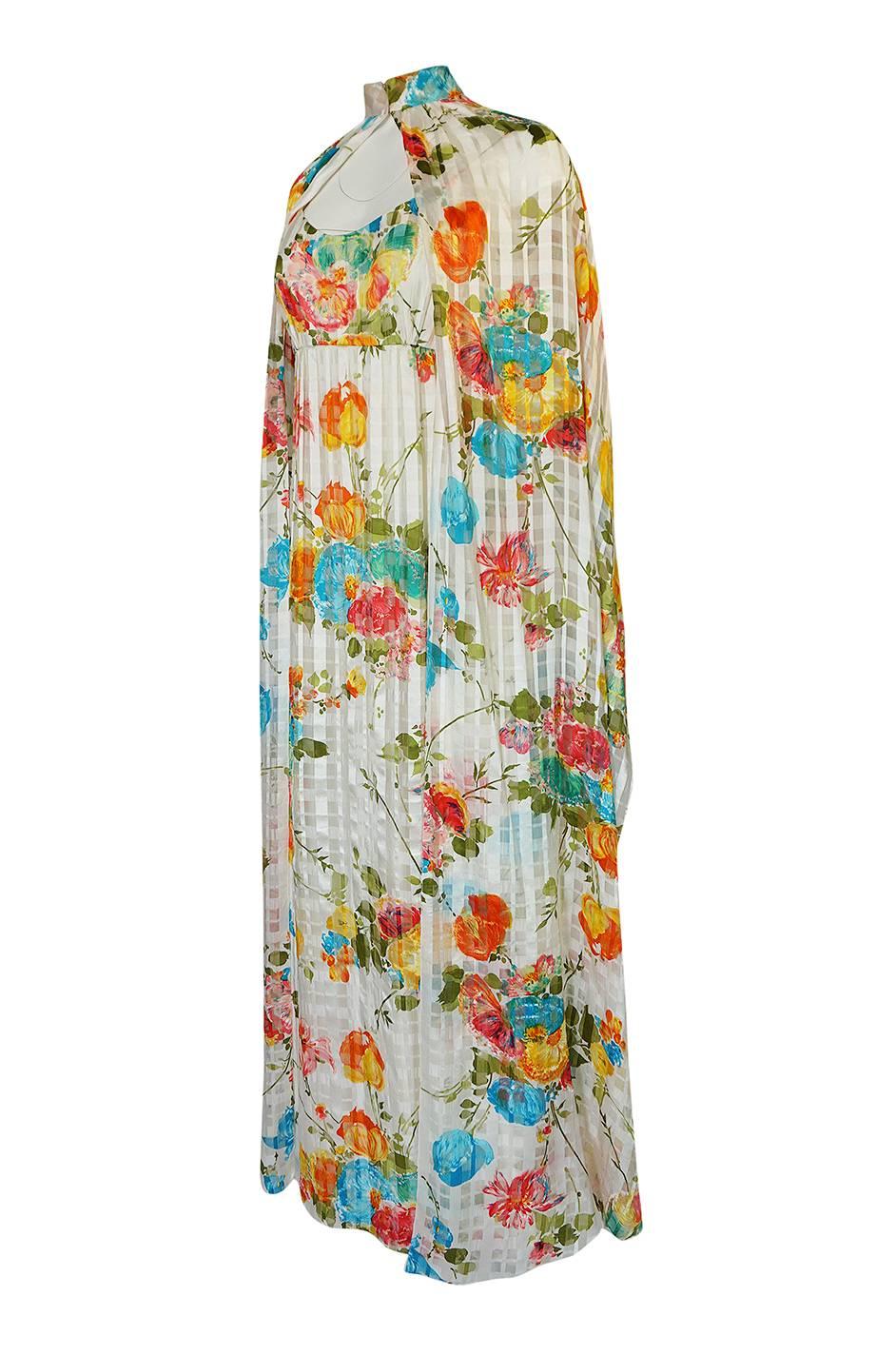 Women's 1970s Alfred Bosand Printed Floral Ribbon Silk Gown & Cape