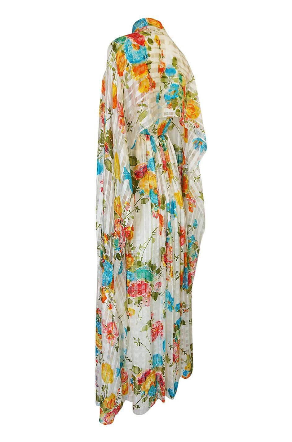 1970s Alfred Bosand Printed Floral Ribbon Silk Gown & Cape 1