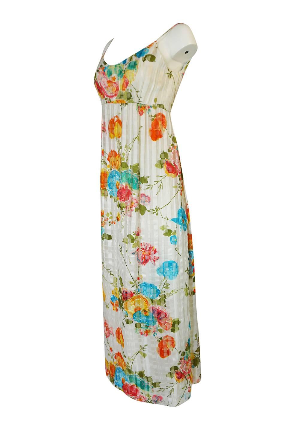 1970s Alfred Bosand Printed Floral Ribbon Silk Gown & Cape 3