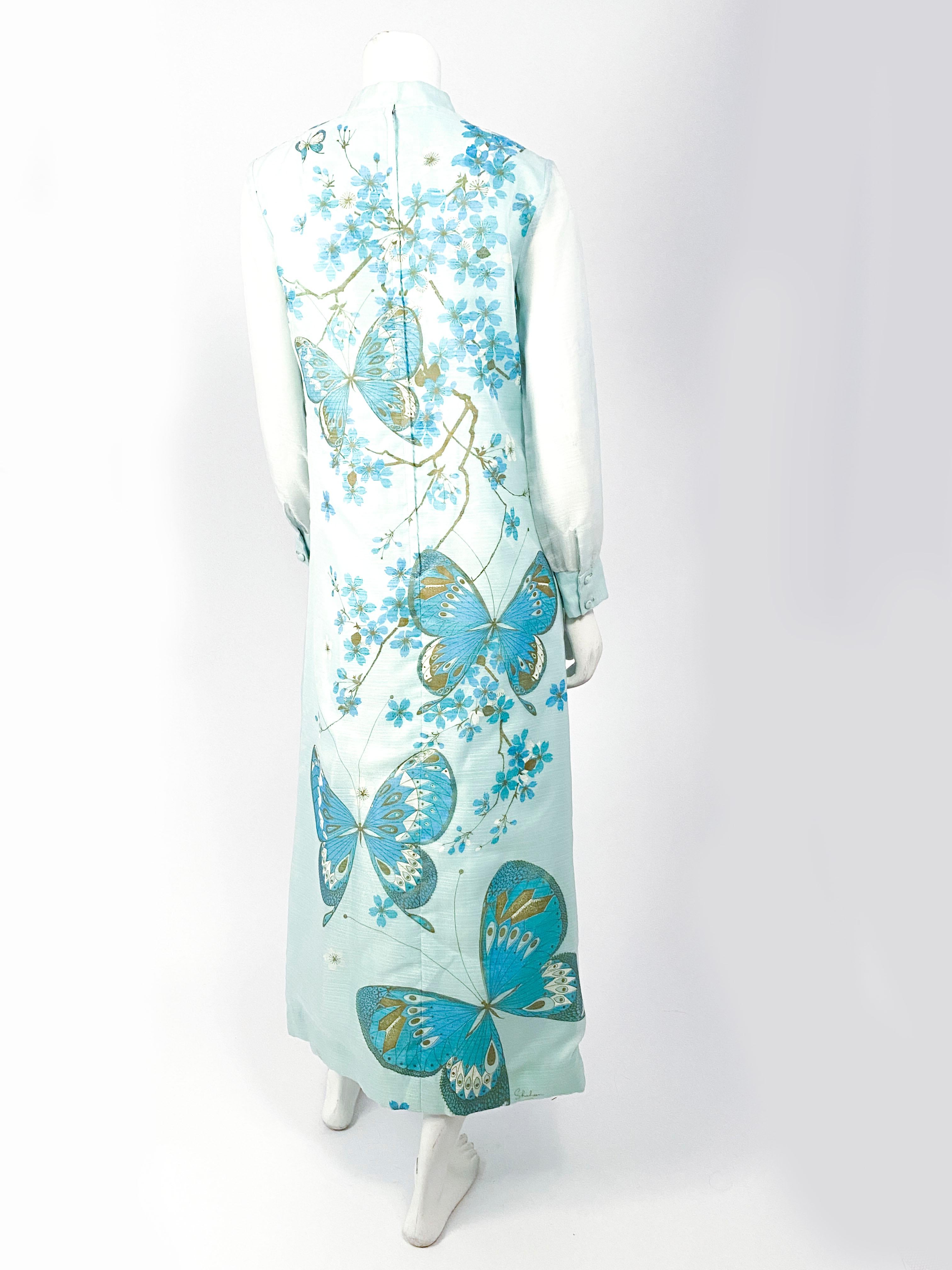 Women's 1970s Alfred Shaheen Aqua Hawaiian Painted Dress
