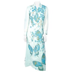 Vintage 1970s Alfred Shaheen Aqua Hawaiian Painted Dress