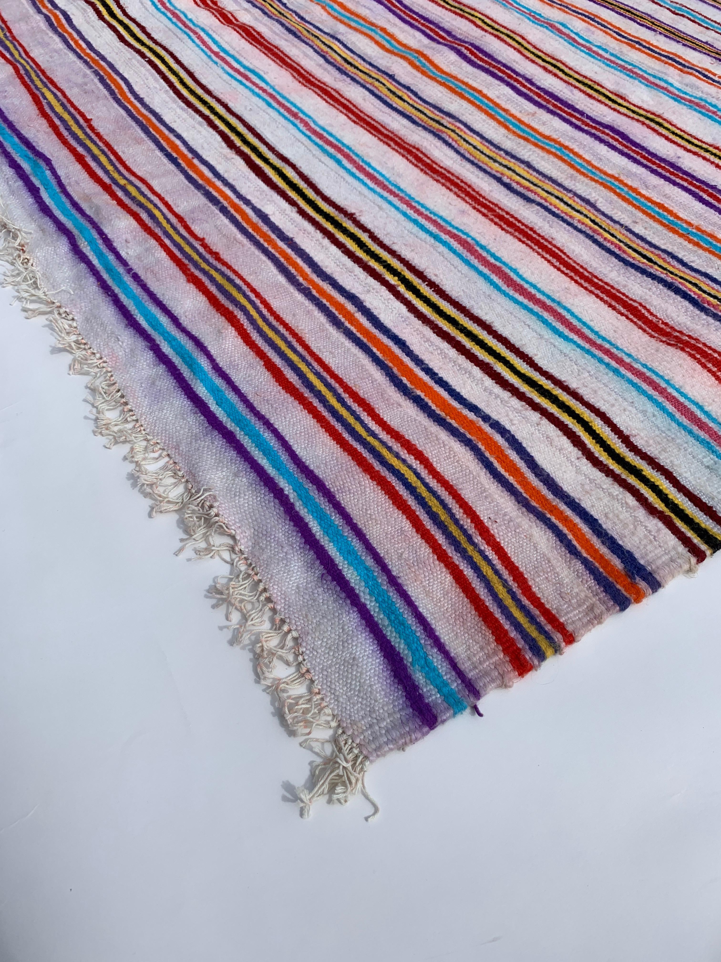 Bohemian 1970s Algerian Berber Striped Wool Rug Throw Handmade Vintage African 210x190cm For Sale