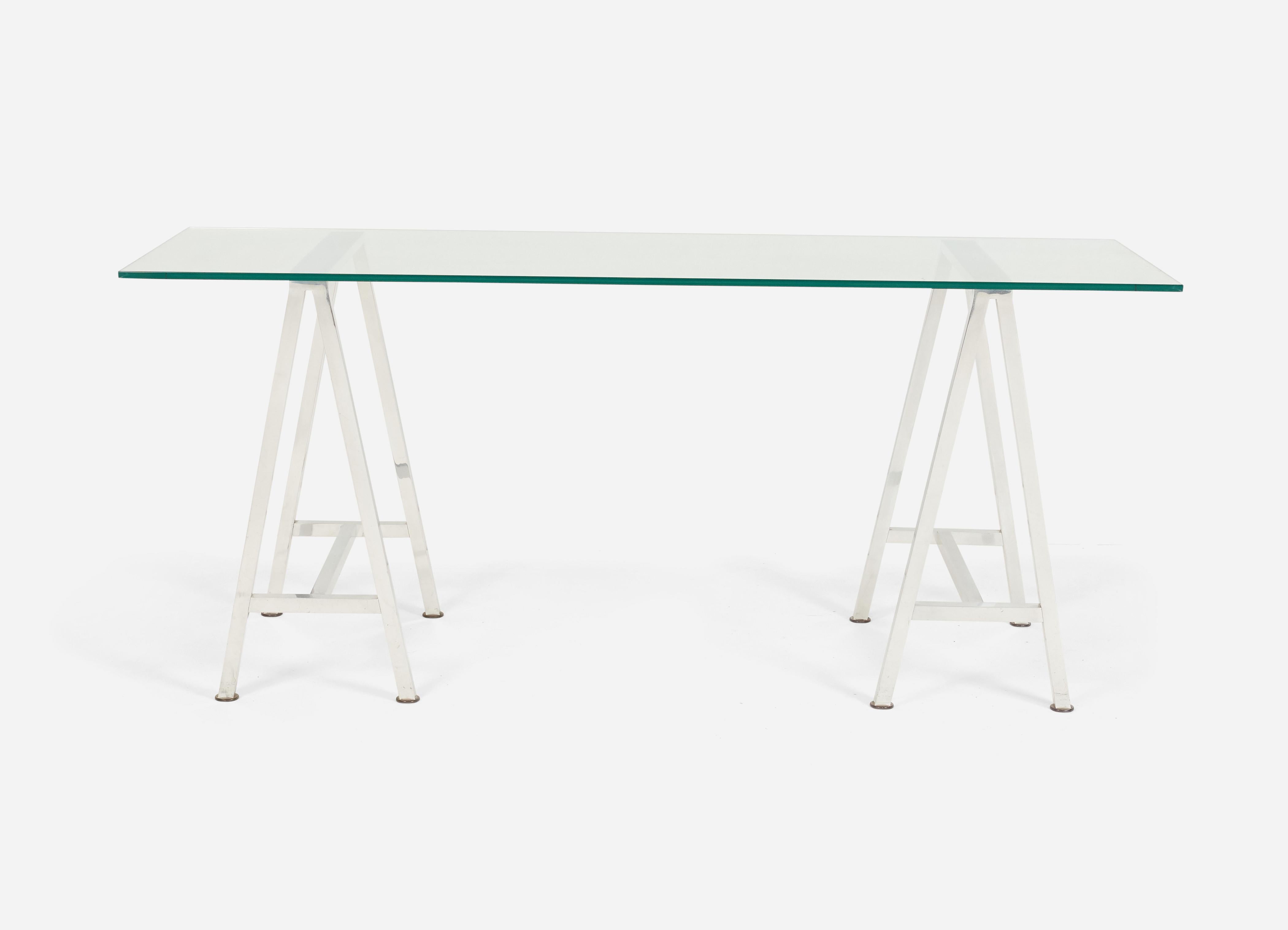 Polished aluminium sawhorse campaign table, circa 1970s. Can be used as console, desk, or even dining with larger glass.