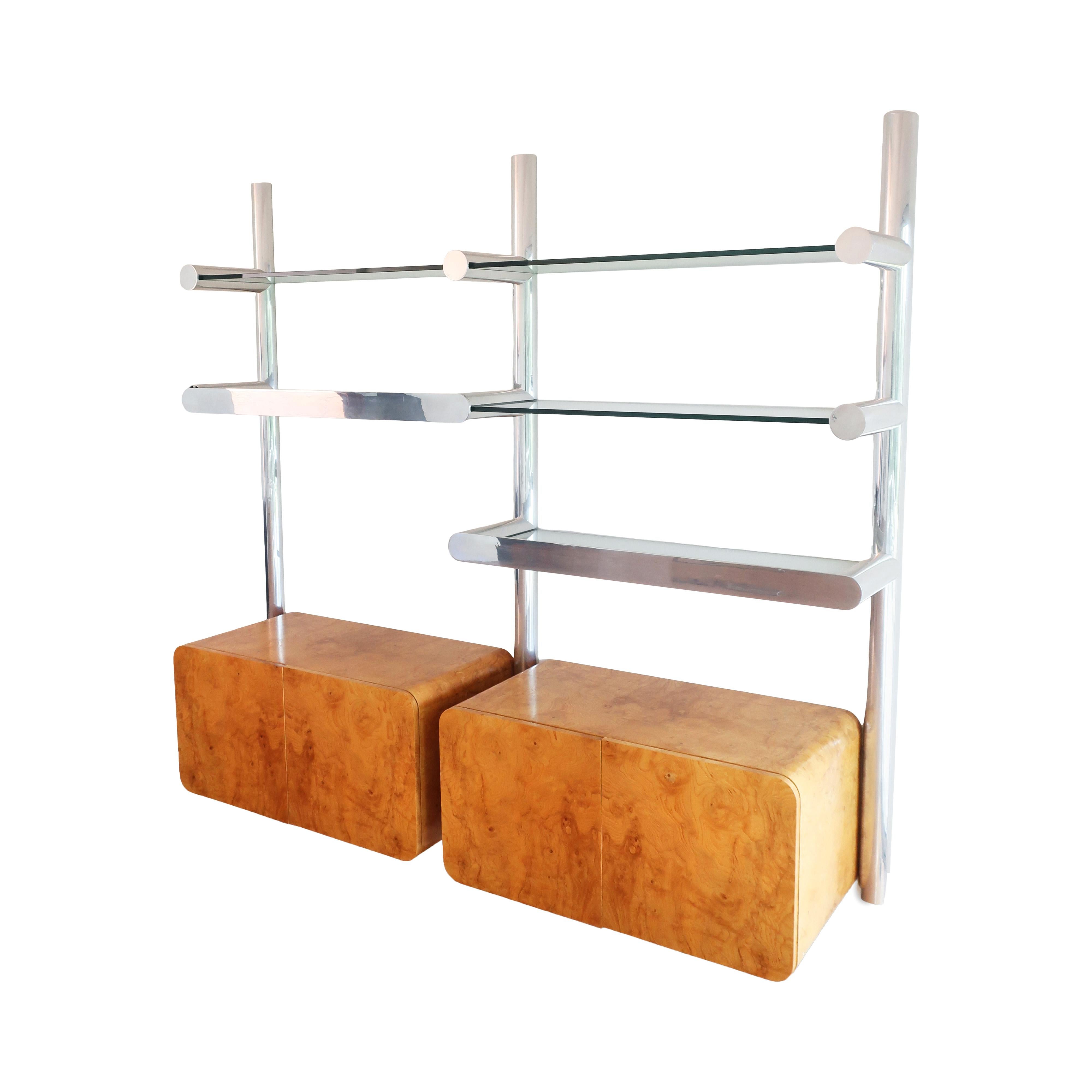 A stunning aluminum and glass Orba wall unit designed by Janet Schweitzer for the Pace Collection in 1974 with peak space age styling: innovative, sophisticated, and minimalist. Ingeniously designed with extruded tubes of polished rounded aluminum