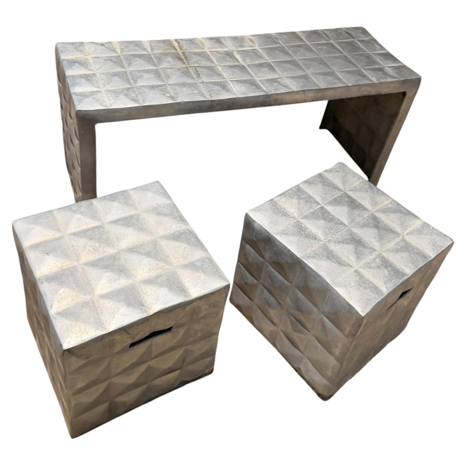 1970s Aluminum Bench and Side Tables Style of Paul Evans Mid-Century Modern