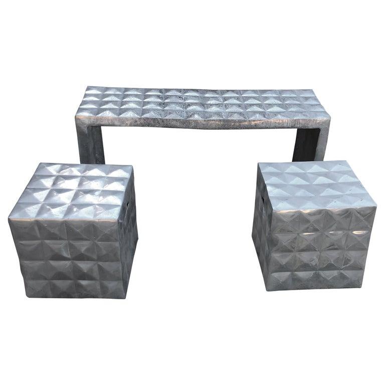 1970s Aluminum Bench and Side Tables Style of Paul Evans For Sale 5