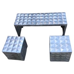1970s Aluminum Cube Side Tables & Bench Style of Paul Evans