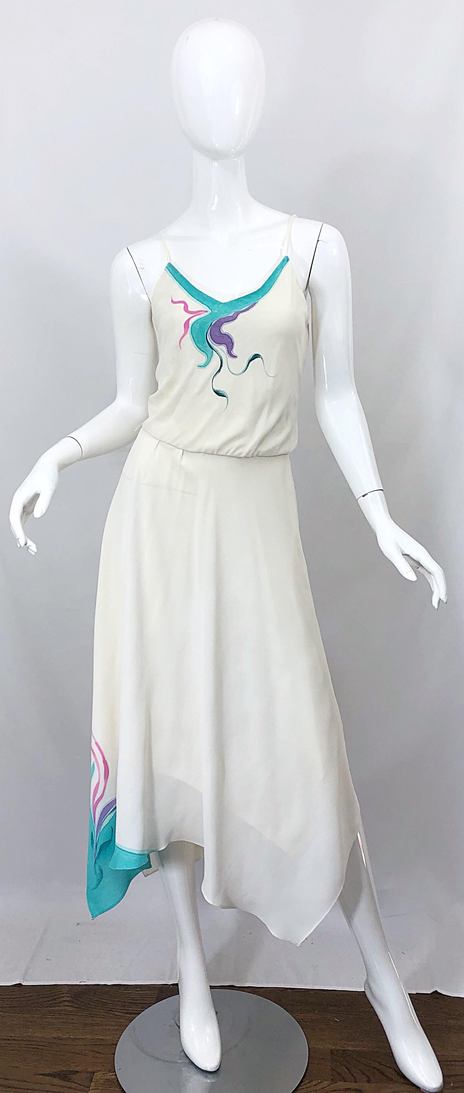 1970s Amazing Handkerchief Hem Ivory + Purple + Pink + Blue Slinky Vintage Dress For Sale 4
