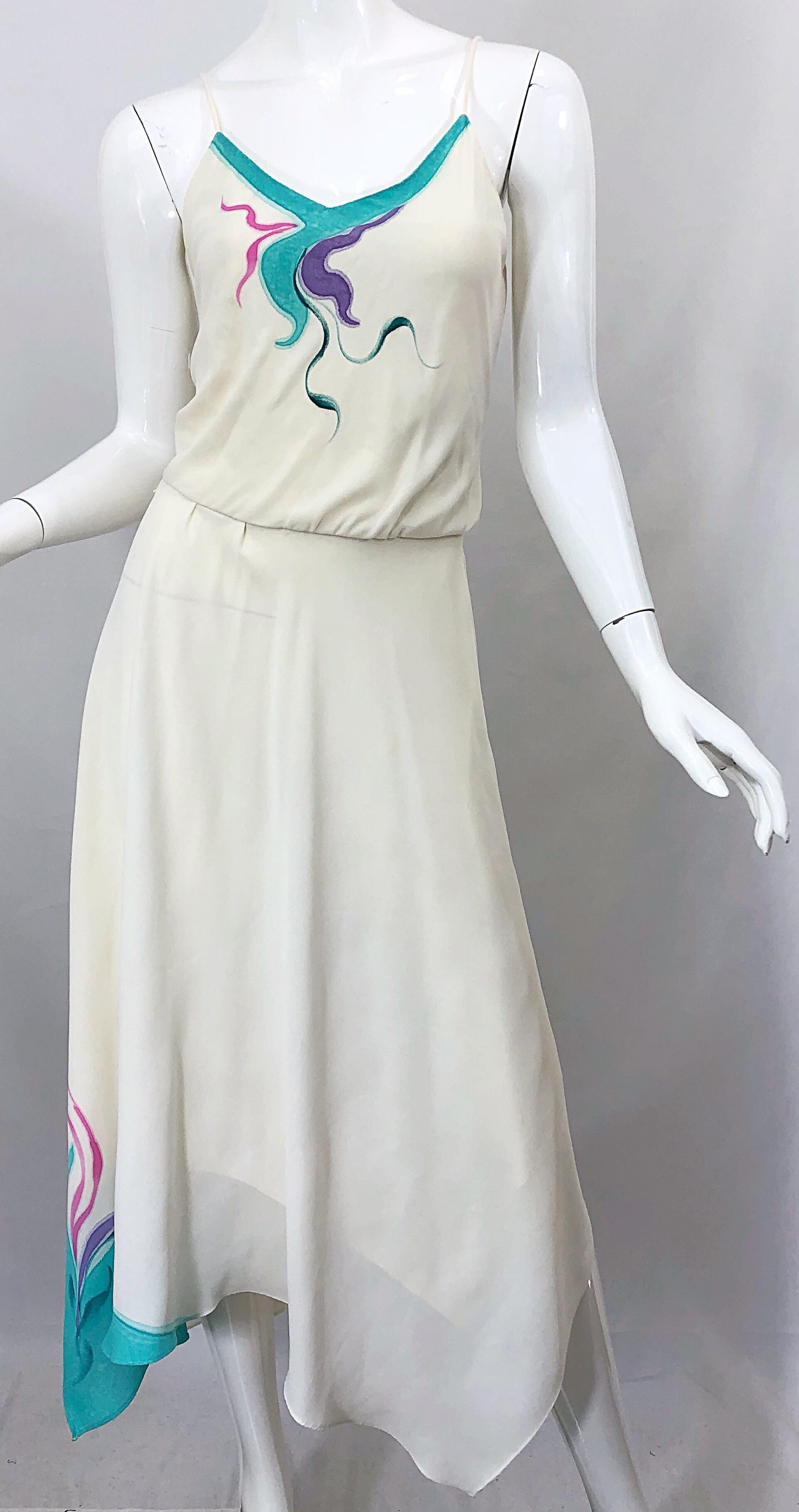 1970s Amazing Handkerchief Hem Ivory + Purple + Pink + Blue Slinky Vintage Dress In Excellent Condition For Sale In San Diego, CA