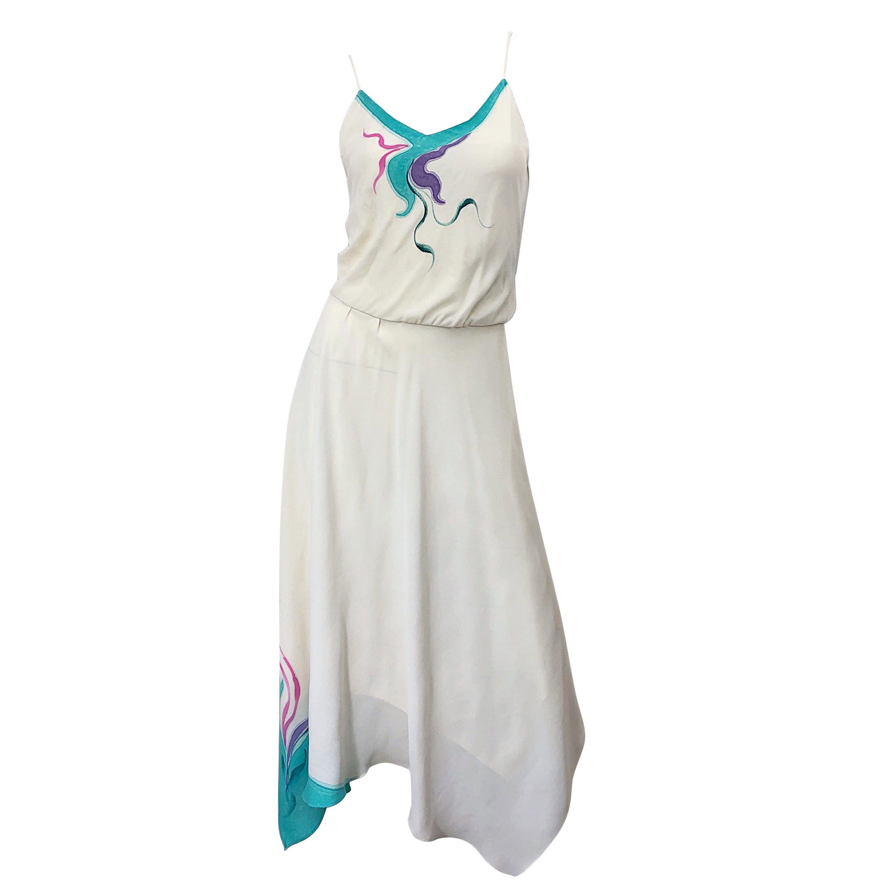 1970s Amazing Handkerchief Hem Ivory + Purple + Pink + Blue Slinky Vintage Dress For Sale