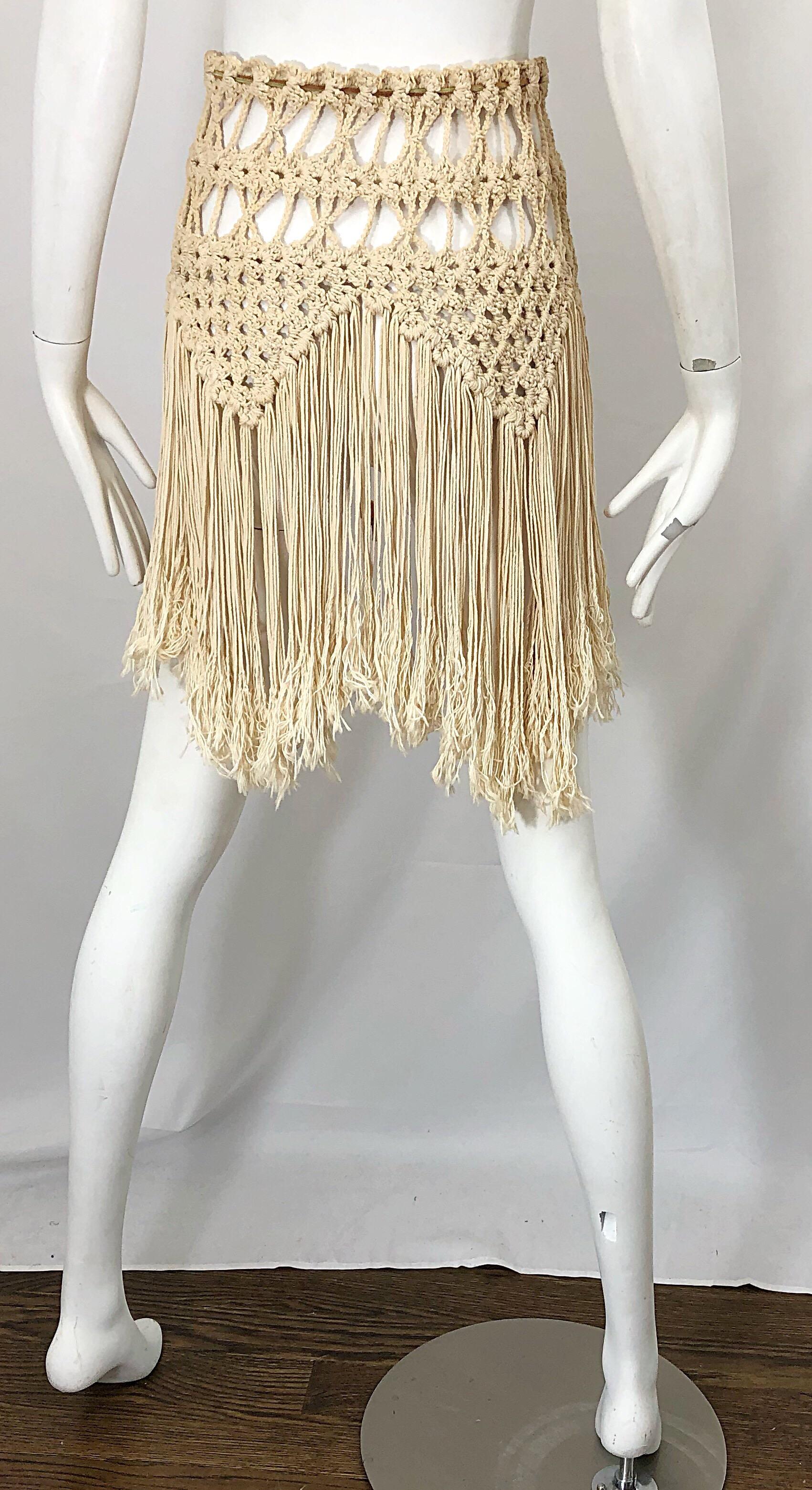 1970s Amazing Khaki Brown Boho Vintage 70s Crochet Fringe Belt Or Capelet Cape 2