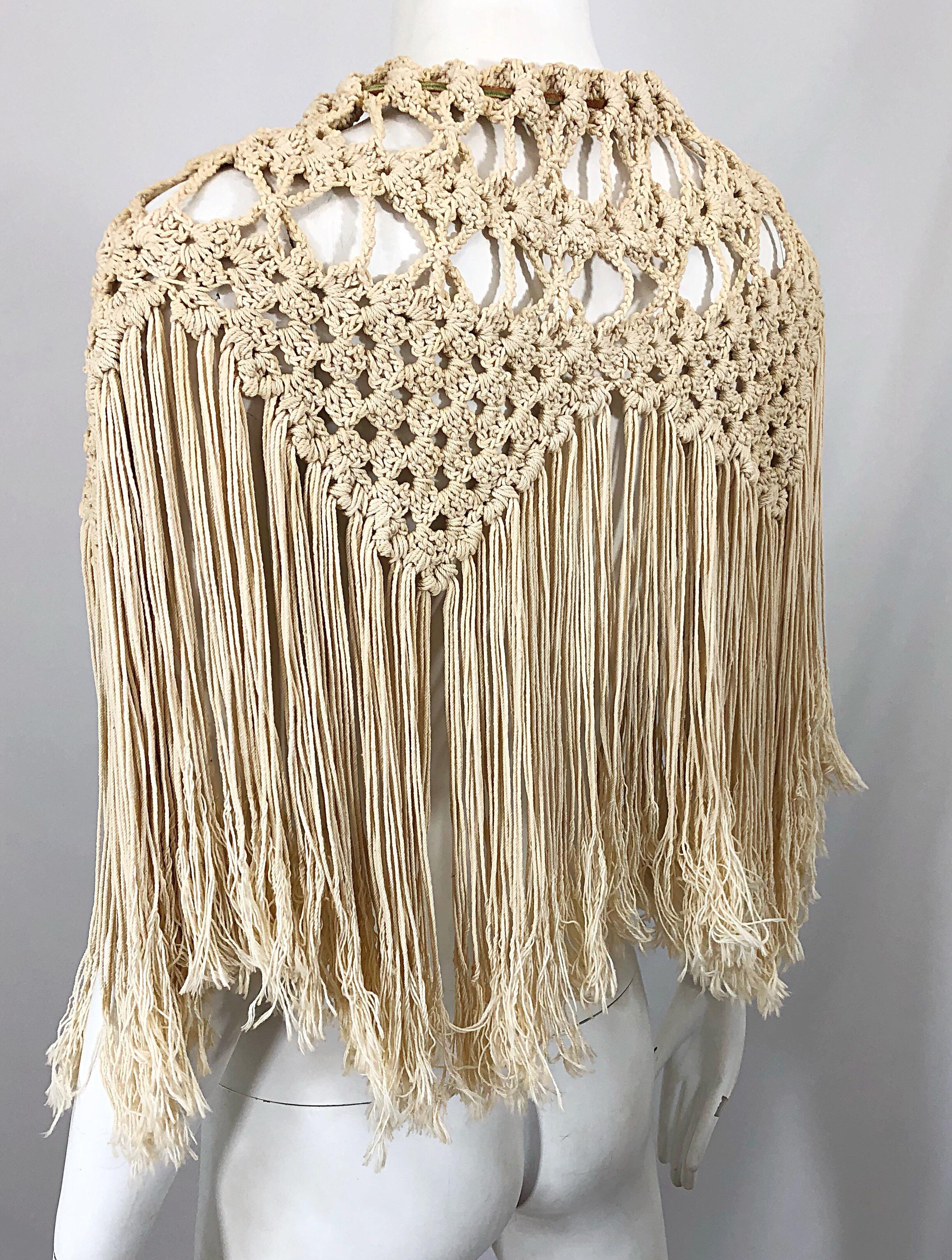 1970s Amazing Khaki Brown Boho Vintage 70s Crochet Fringe Belt Or Capelet Cape 3