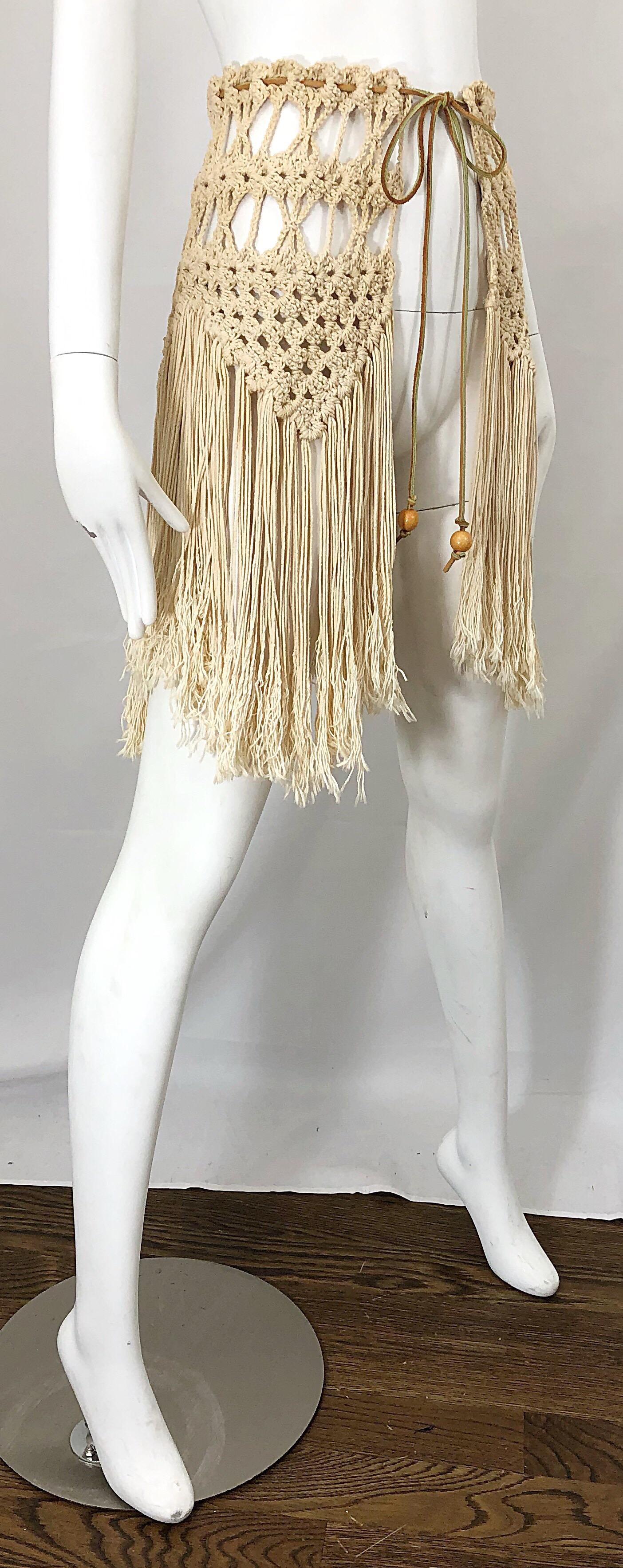 1970s Amazing Khaki Brown Boho Vintage 70s Crochet Fringe Belt Or Capelet Cape 4