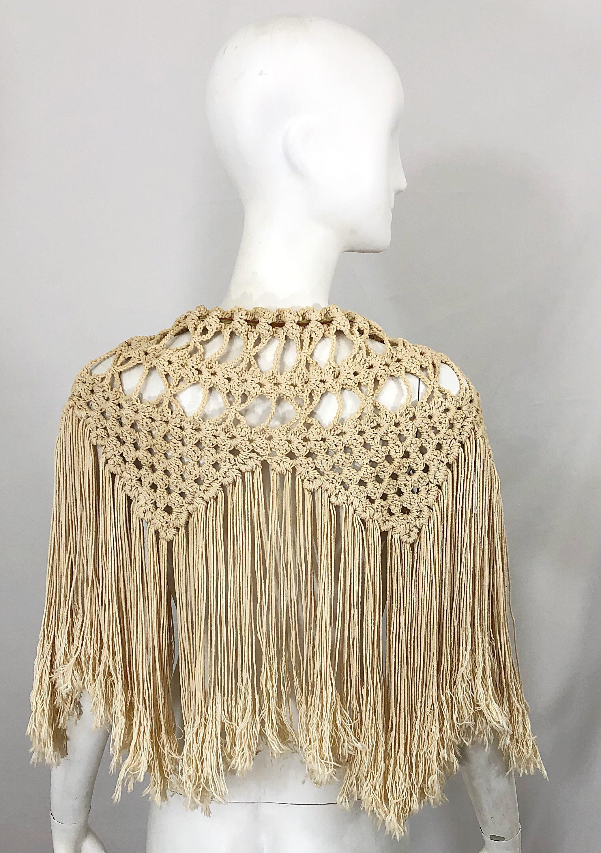 1970s Amazing Khaki Brown Boho Vintage 70s Crochet Fringe Belt Or Capelet Cape 5
