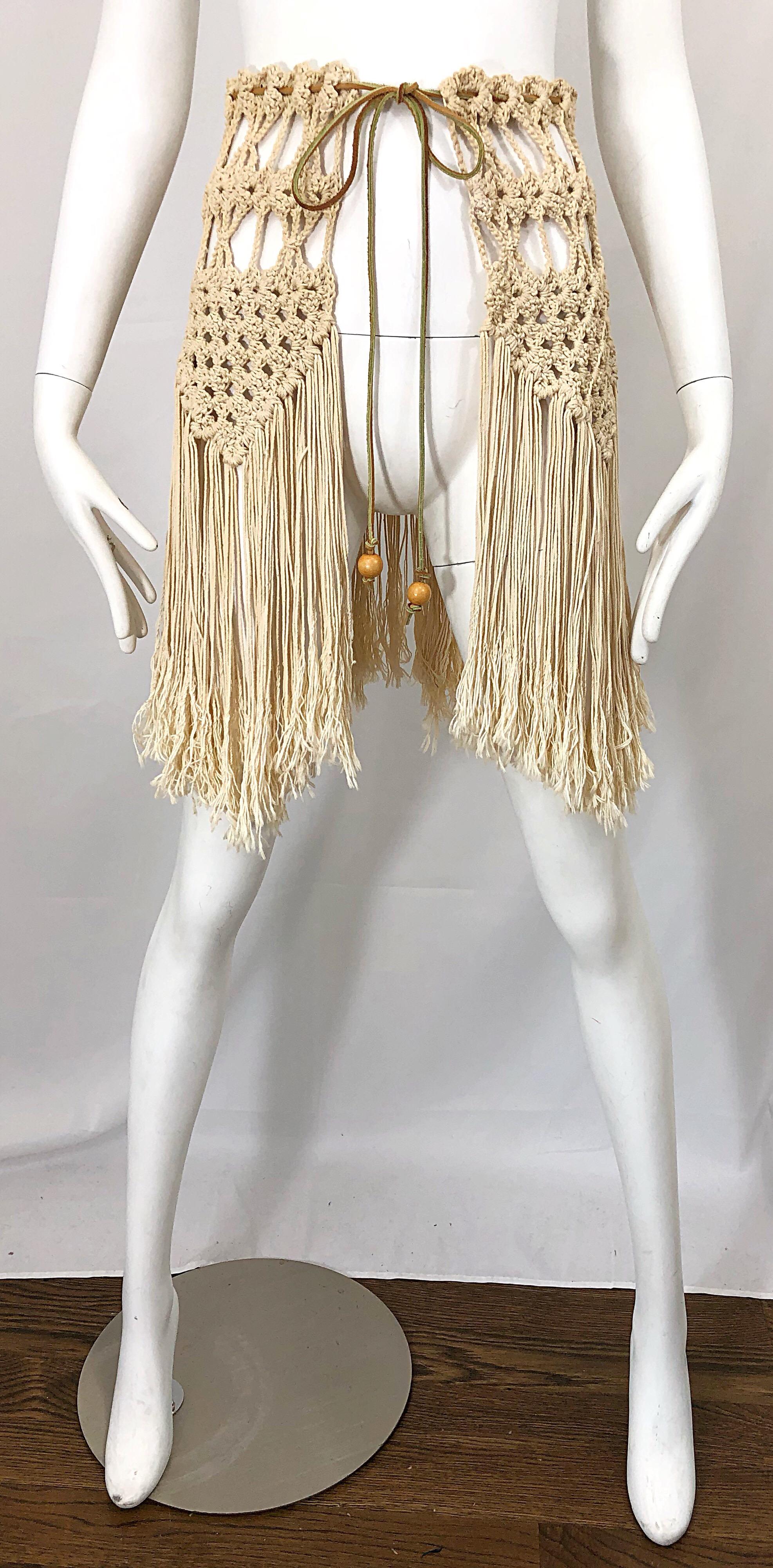 1970s Amazing Khaki Brown Boho Vintage 70s Crochet Fringe Belt Or Capelet Cape 6