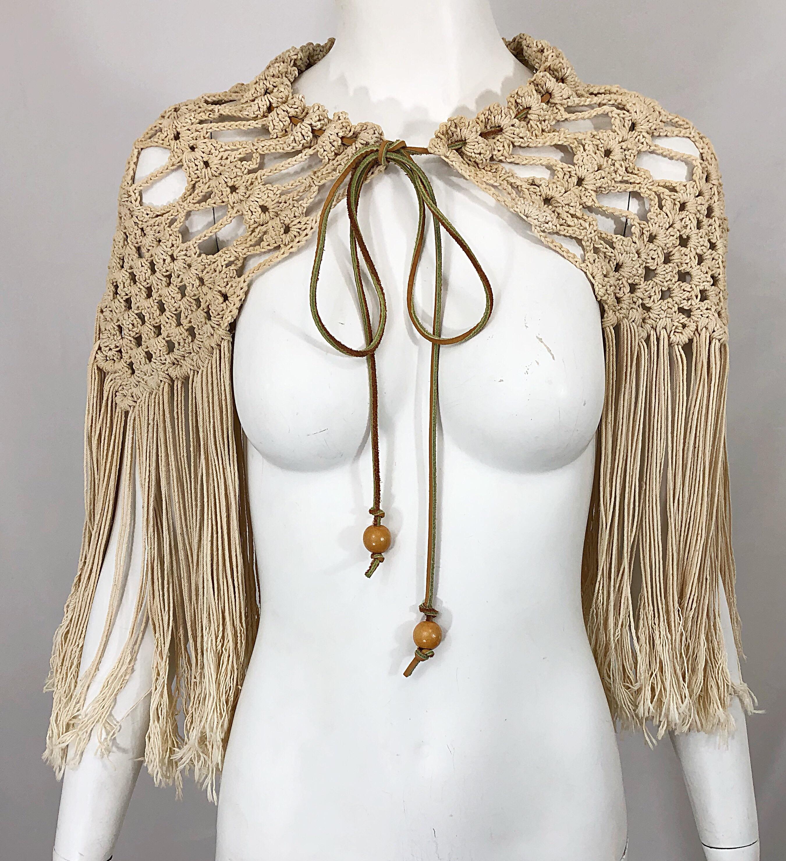 1970s Amazing Khaki Brown Boho Vintage 70s Crochet Fringe Belt Or Capelet Cape 7
