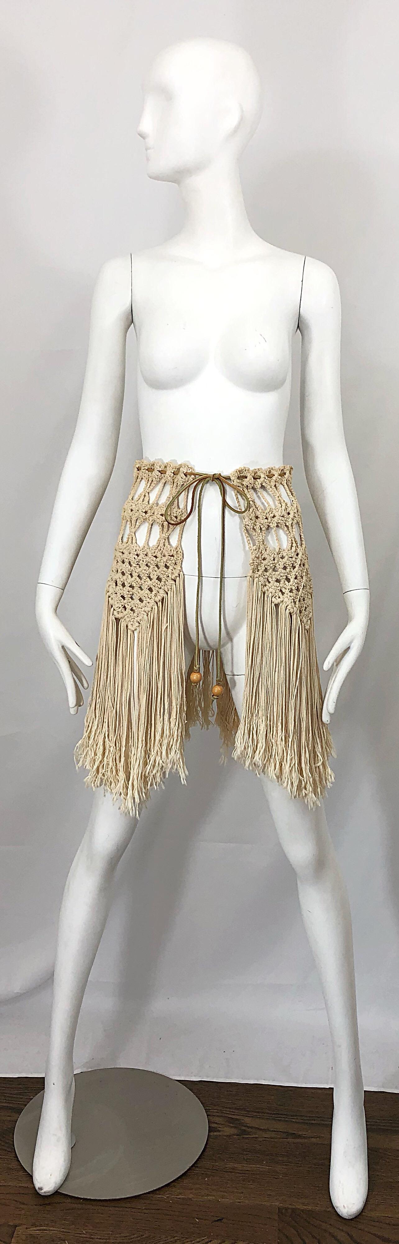 1970s Amazing Khaki Brown Boho Vintage 70s Crochet Fringe Belt Or Capelet Cape 8
