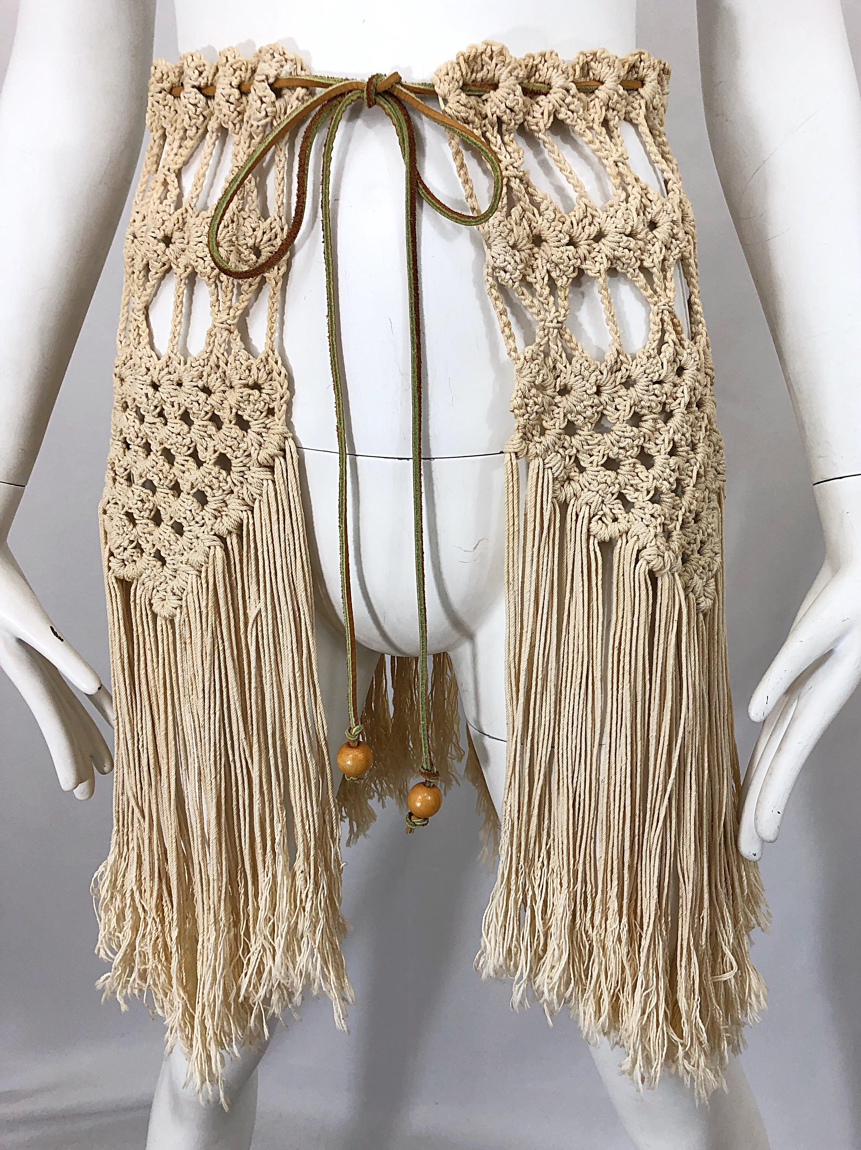 Beige 1970s Amazing Khaki Brown Boho Vintage 70s Crochet Fringe Belt Or Capelet Cape