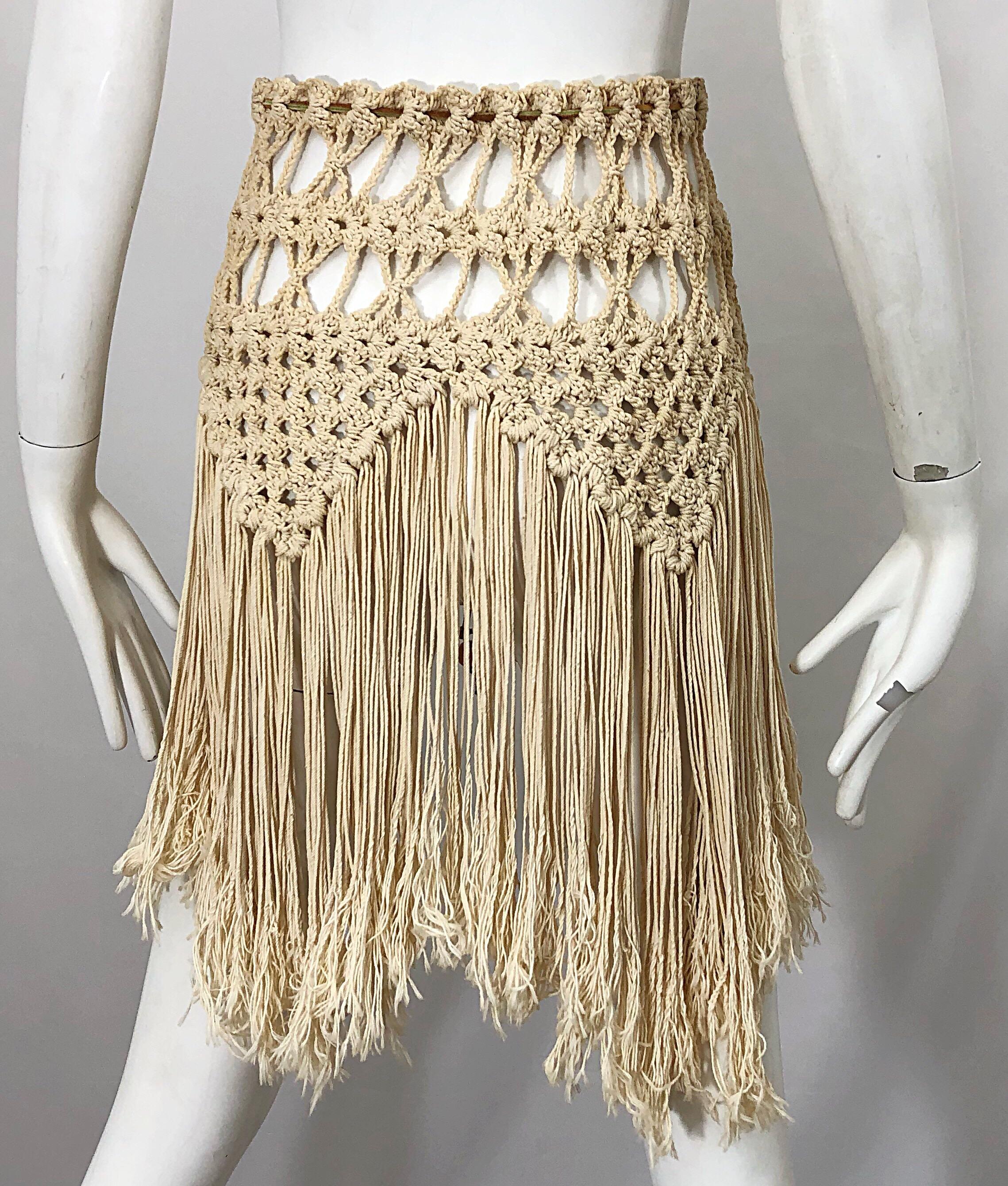 Women's or Men's 1970s Amazing Khaki Brown Boho Vintage 70s Crochet Fringe Belt Or Capelet Cape