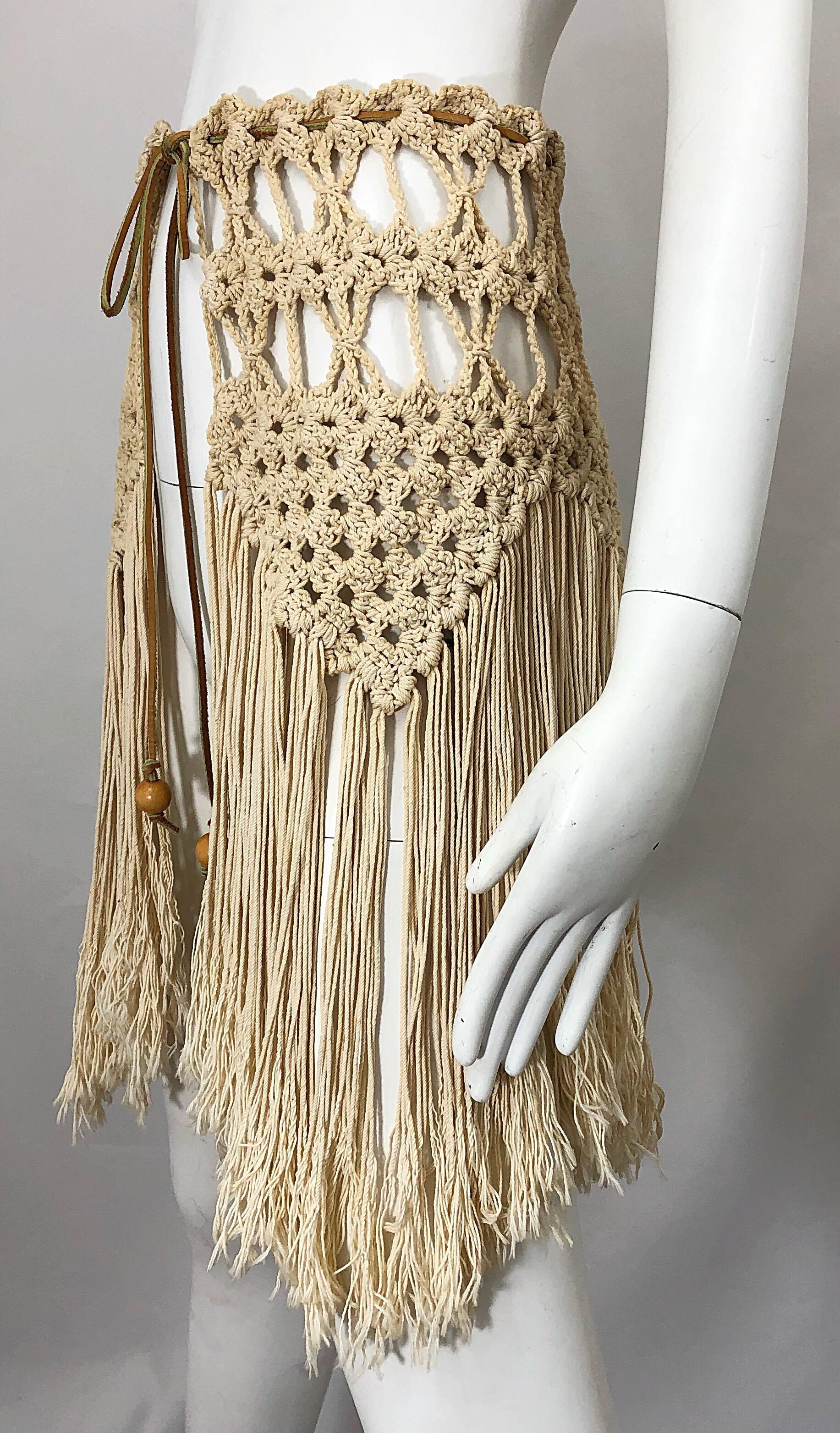 1970s Amazing Khaki Brown Boho Vintage 70s Crochet Fringe Belt Or Capelet Cape 1