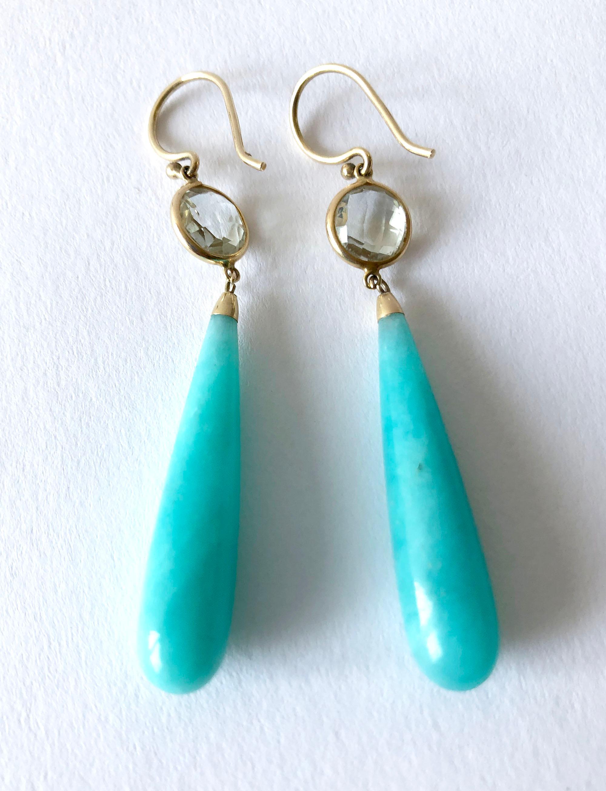 Amazonite drop earrings, with faceted crystal trimmed in gold. Earrings measure 2.5