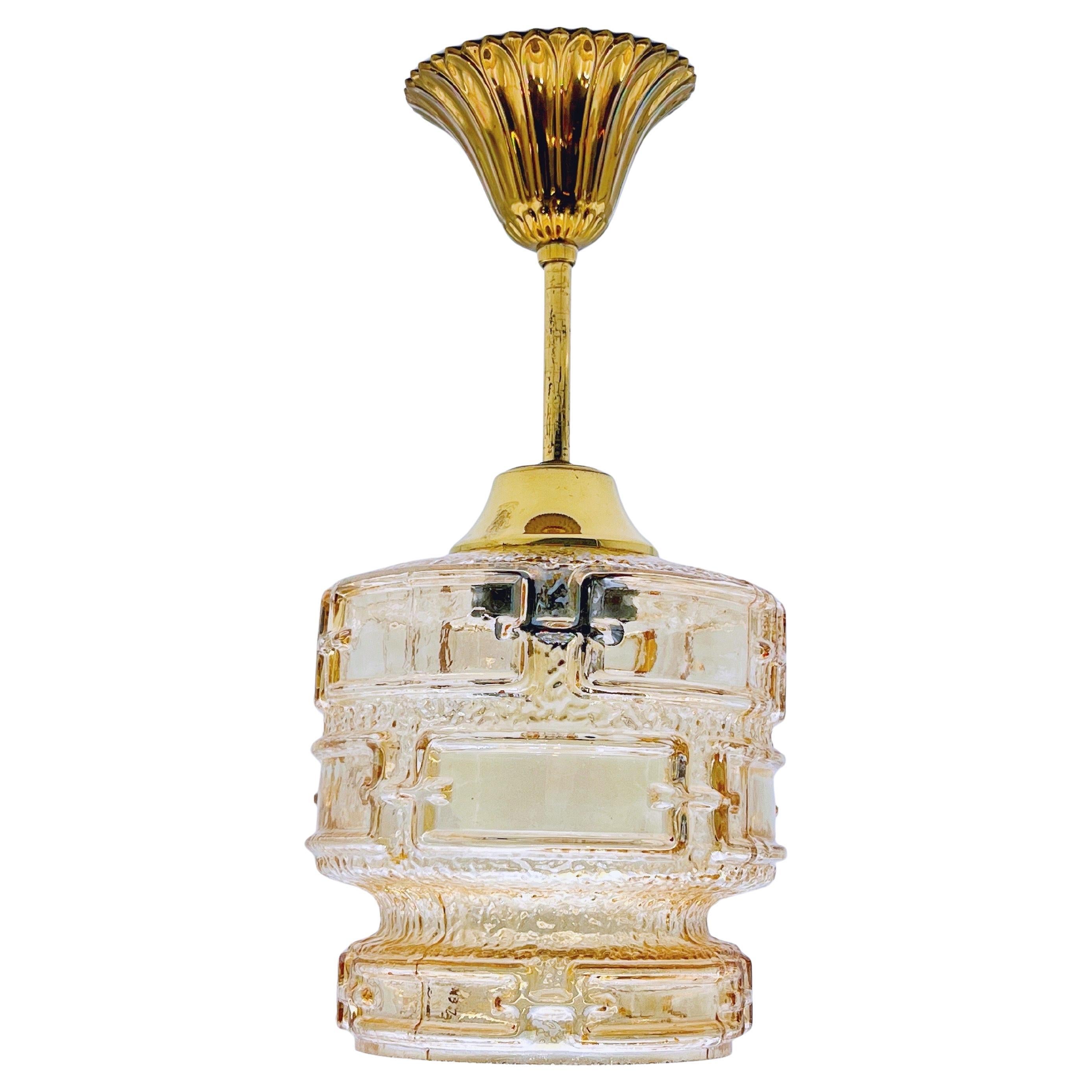 1970s Amber glass & brass pendant light