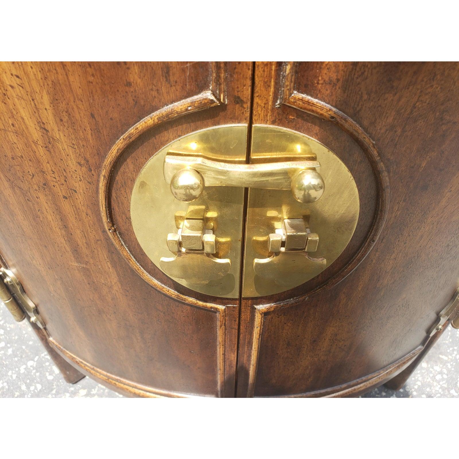 Solid walnut drum style accent table cabinet. Banded and Burl walnut veneer top. Double door with Asian style hardware in excellent condition. Measures 27