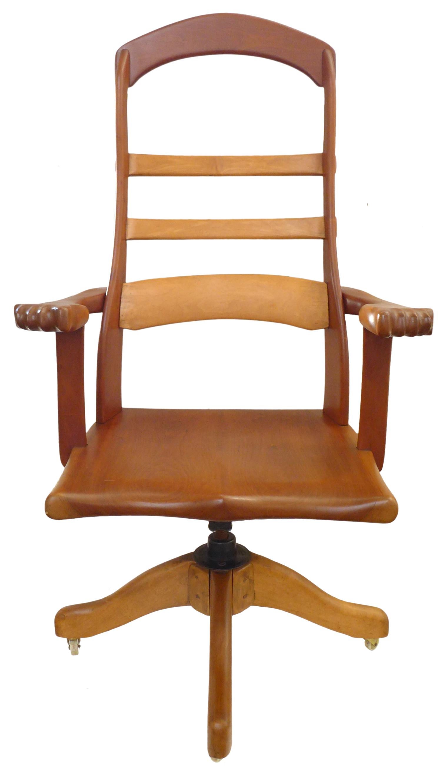 Hand-Carved 1970s American Craft Biomorphic Carved Wood Swivel Armchair For Sale