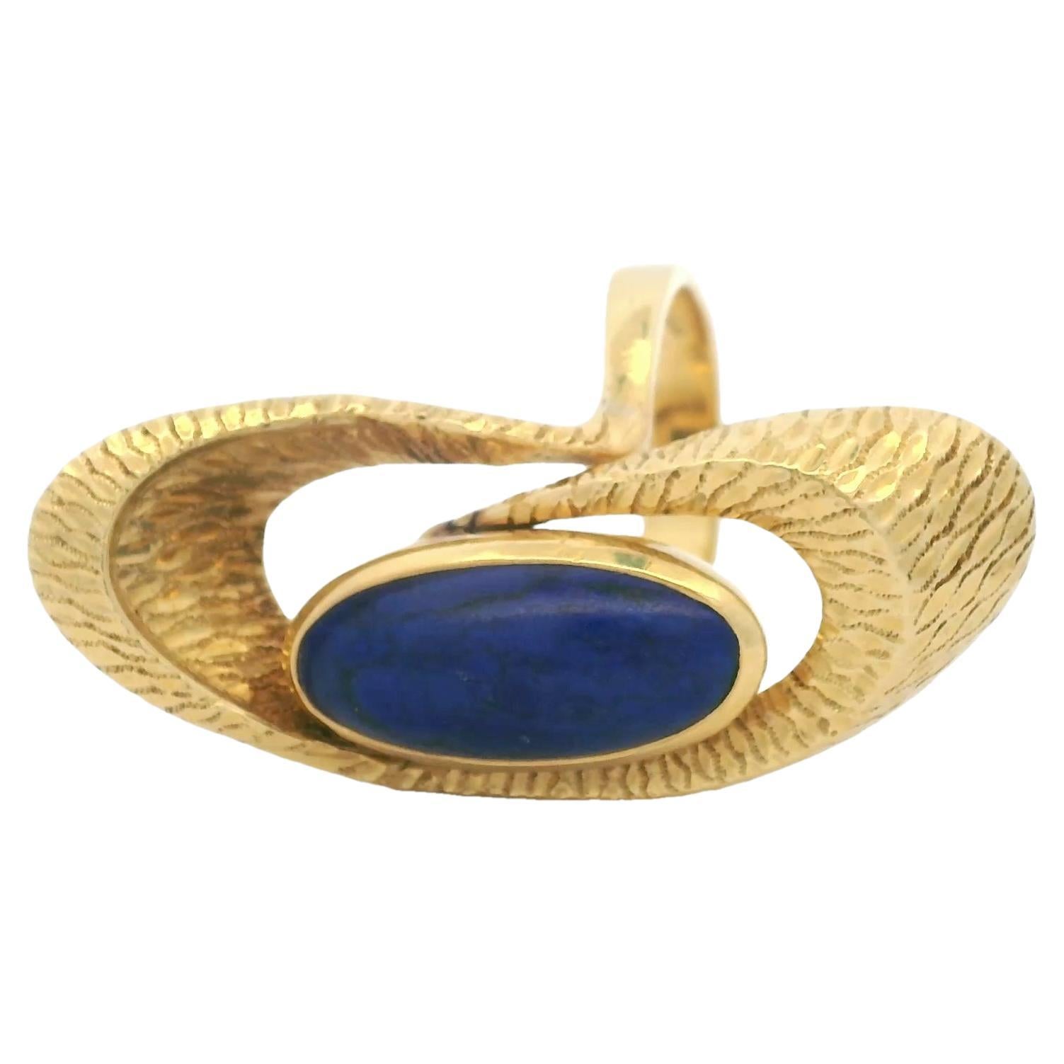 Anillo de oro de 14 quilates con textura de lapislázuli de 1,75 quilates, modernista americano de los años 70