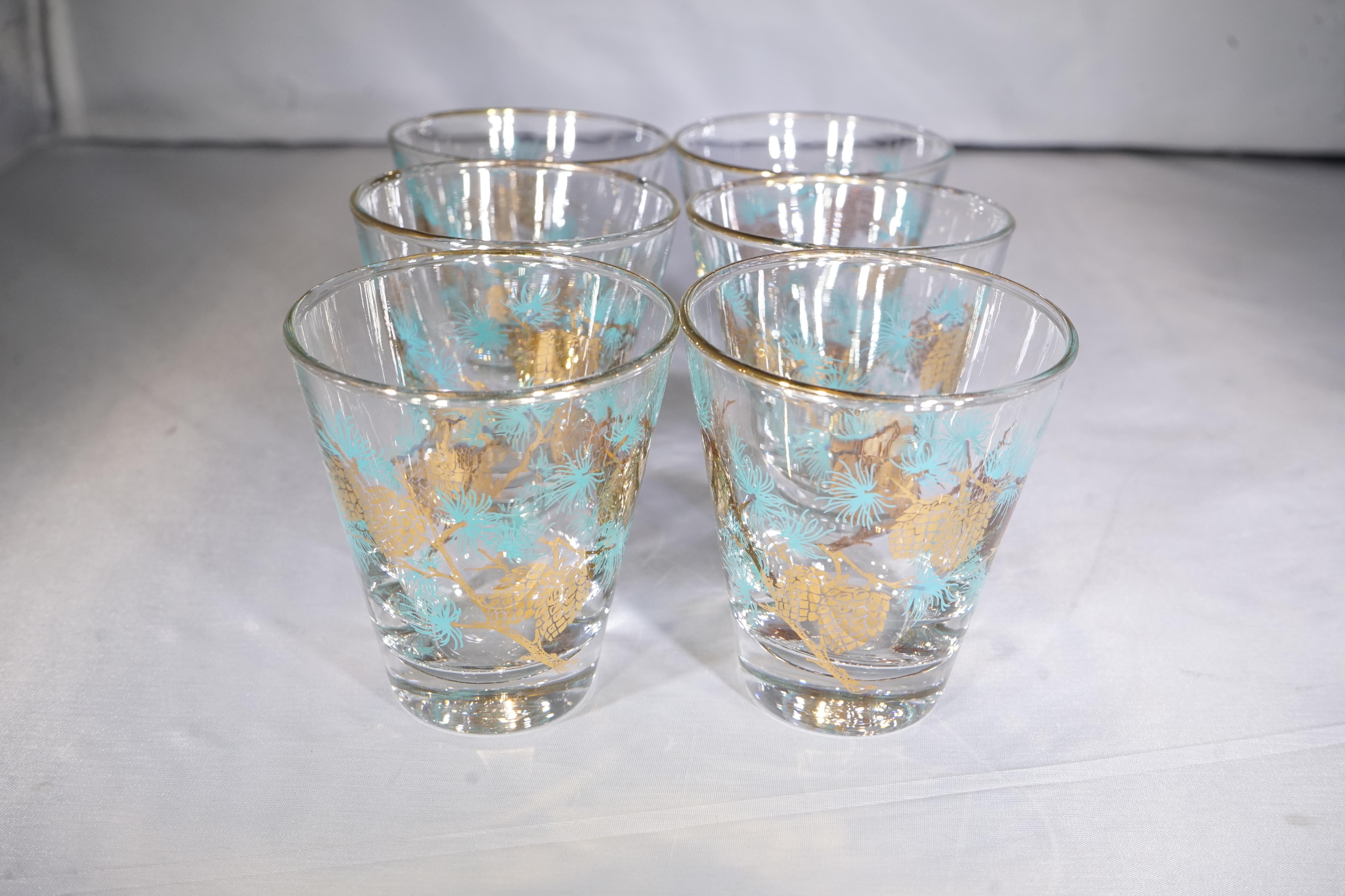 1970s American set of 6 turquoise and gold pine cone design glasses.