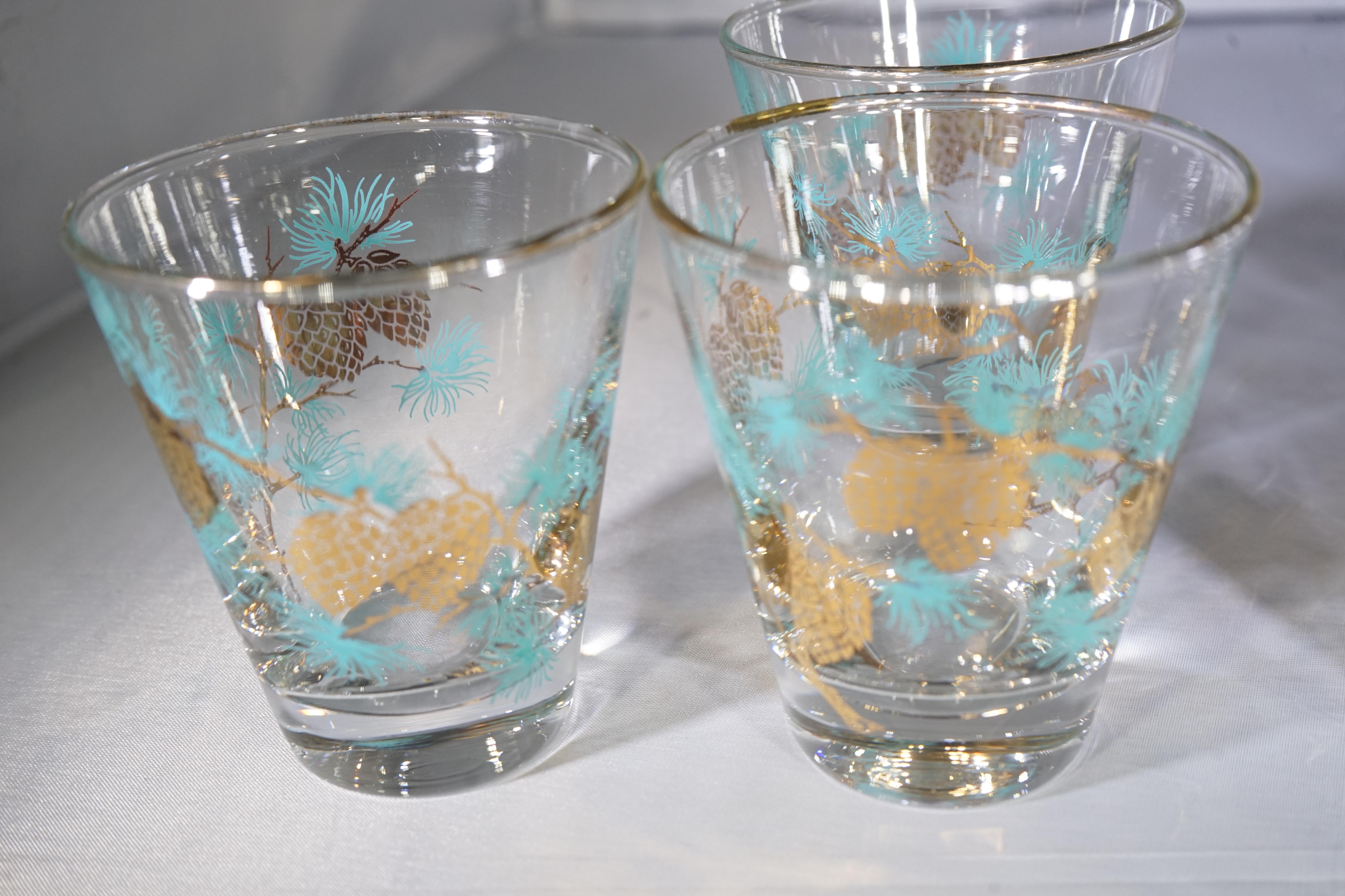 1970s American Set of 6 Turquoise & Gold Pine Cone Glasses In Good Condition In Aspen, CO