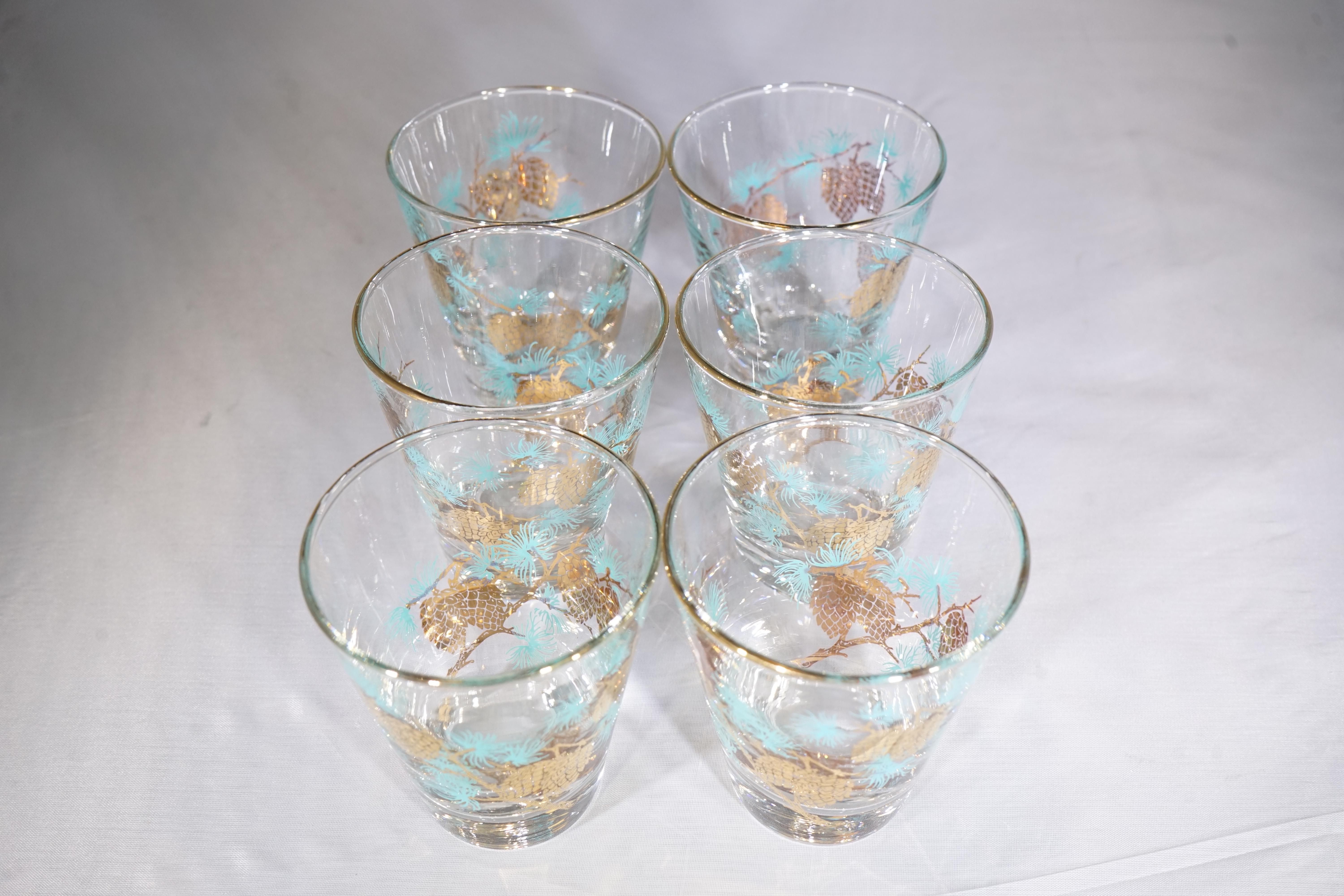 20th Century 1970s American Set of 6 Turquoise & Gold Pine Cone Glasses