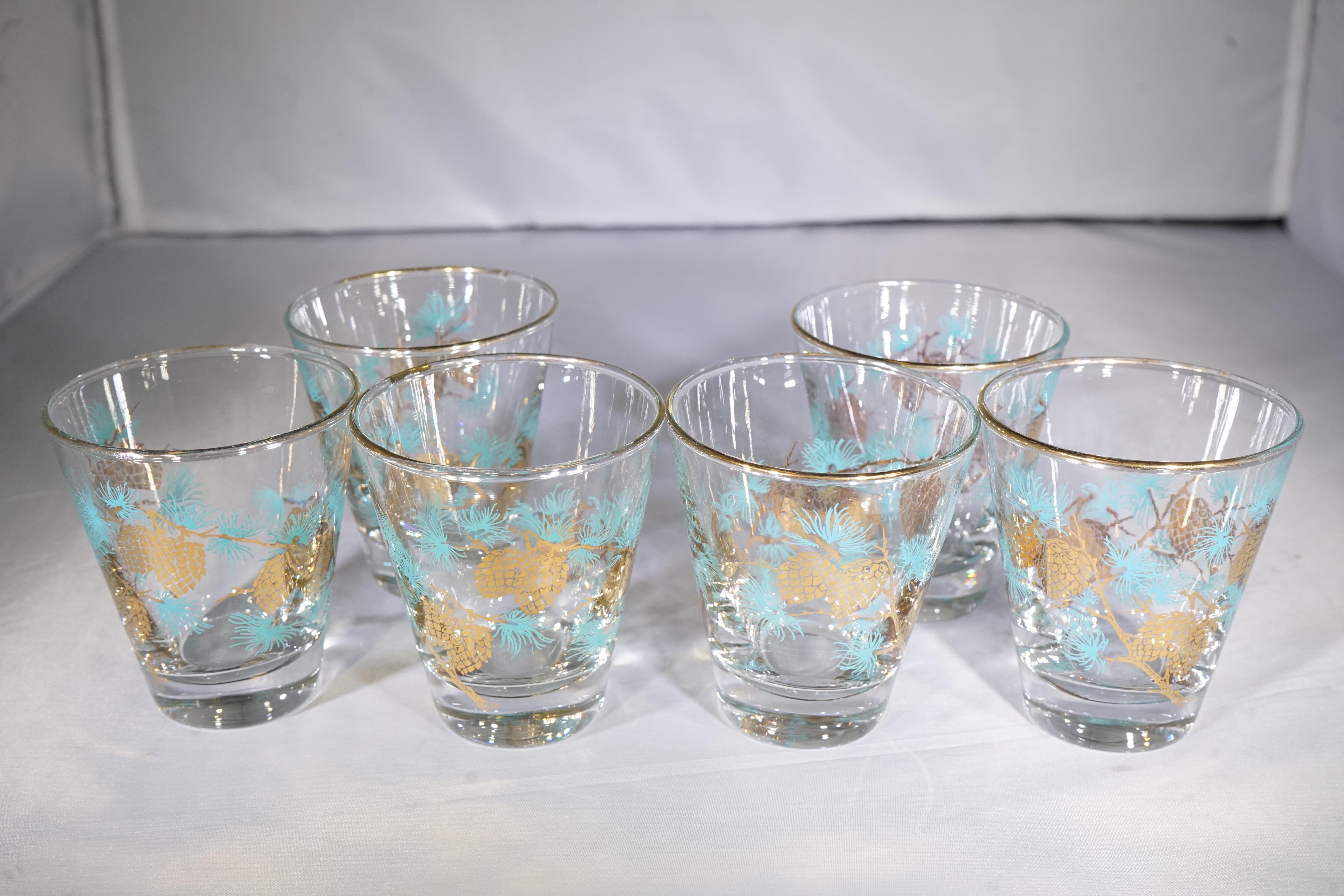 1970s American Set of 6 Turquoise & Gold Pine Cone Glasses 1