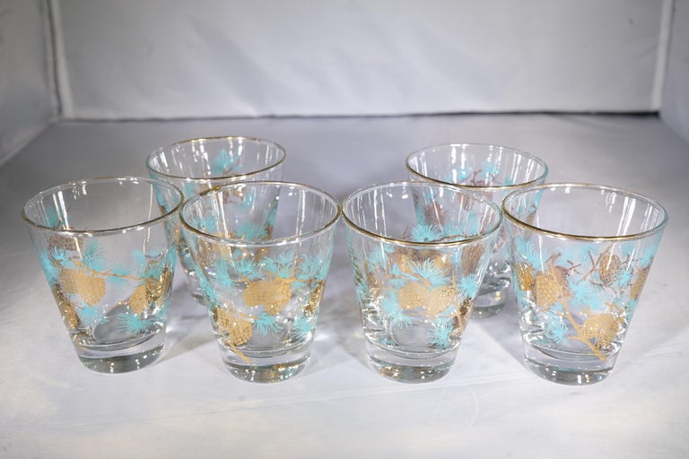 6 Vintage Libbey Christmas Etched Pinecone Gold Rim Glasses