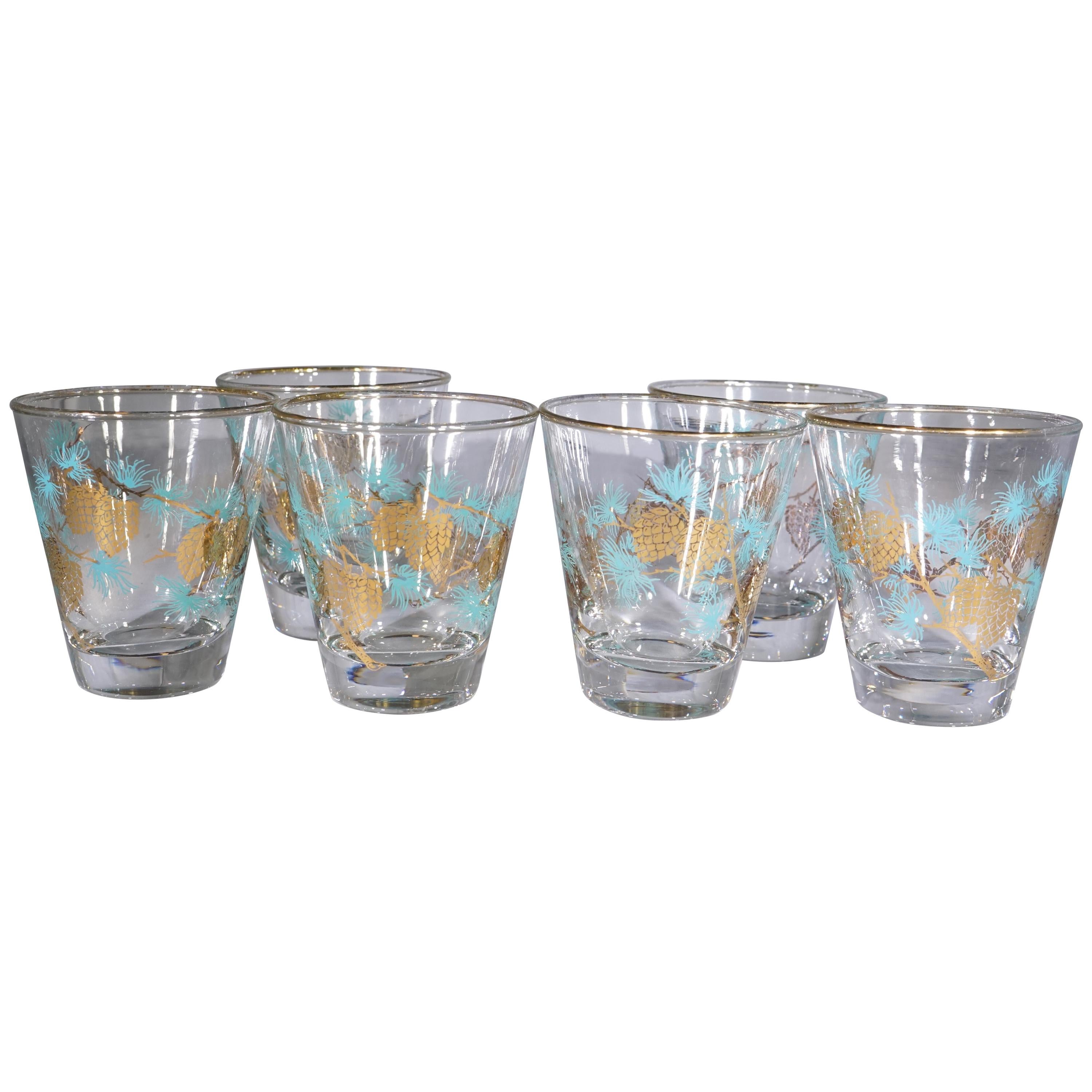 1970s American Set of 6 Turquoise & Gold Pine Cone Glasses