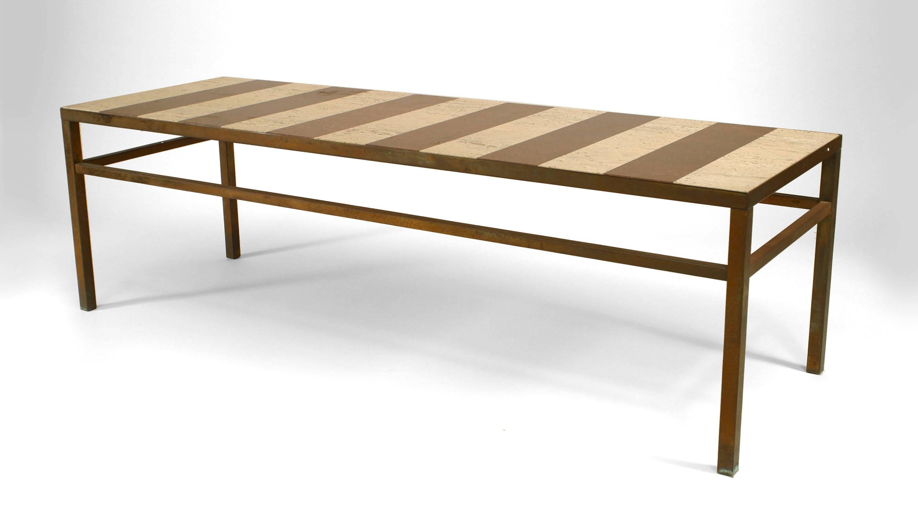 American Modern design rectangular steel coffee table with brown and white alternating marble stripes.
