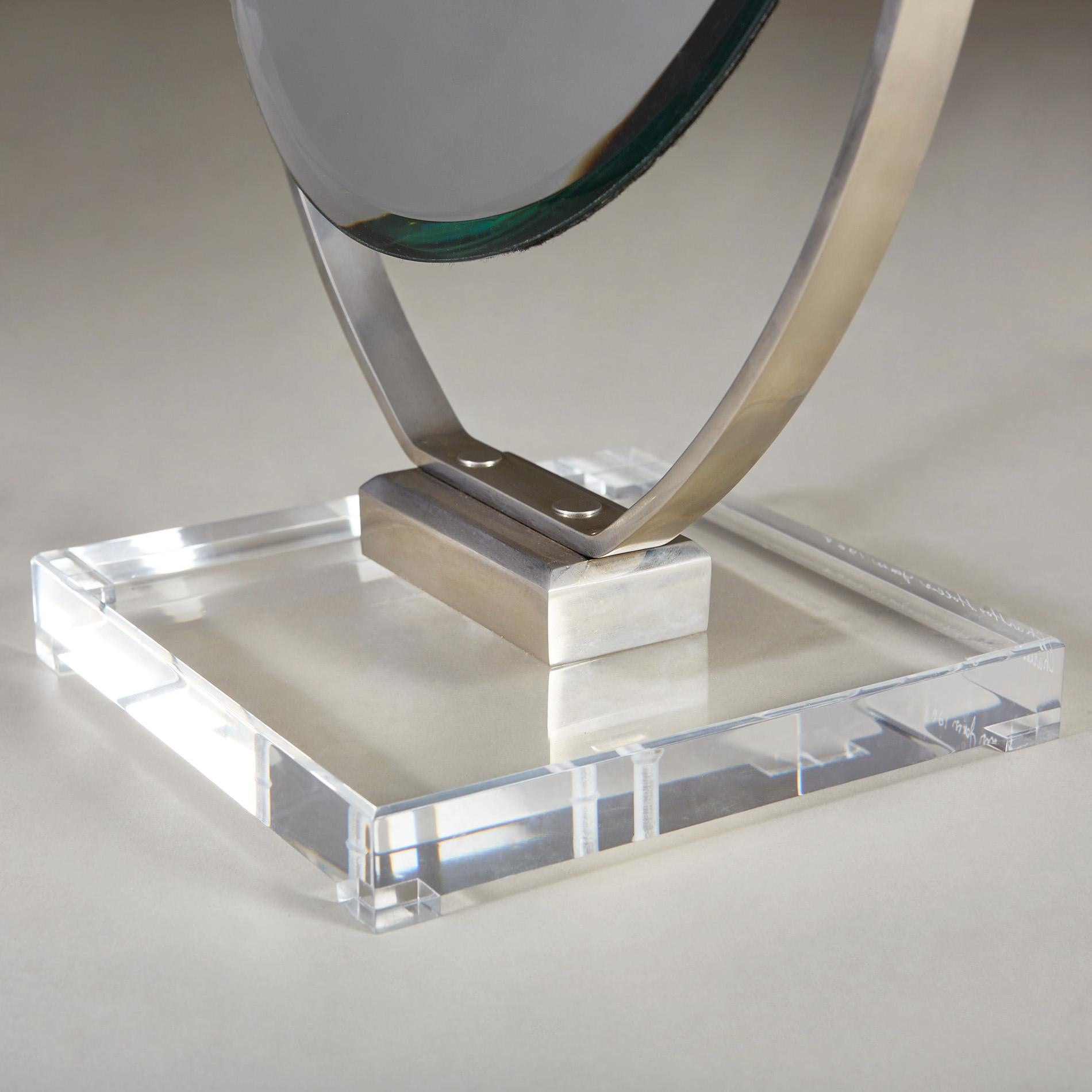 Chrome Polished nickel and Lucite two sided mirror, signed Charles Hollis Jones 1968 For Sale