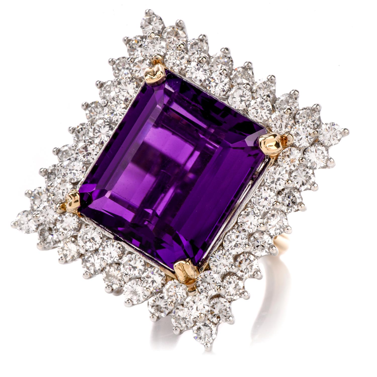 Add multiple pieces to your jewelry wardrobe with this versatile, 

Amethyst and Diamond Pendant and Cocktail ring combination.

Boasting the color and as a focus on the piece is a large

rectangular shaped Amethyst measuring appx. 17.57 x 15.07 x