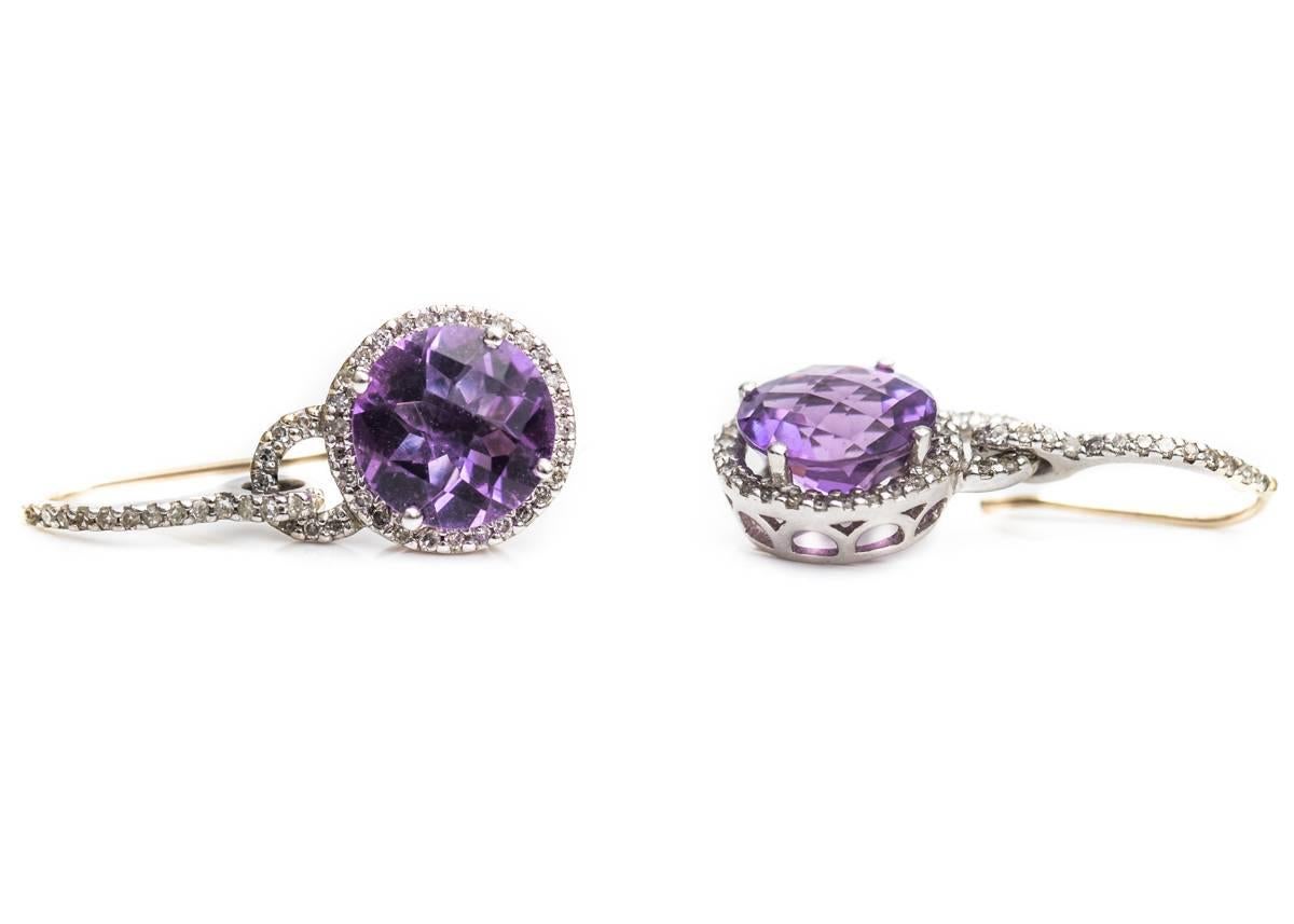 Modern 1970s Amethyst and Diamond Drop Earrings 14 Karat White Gold