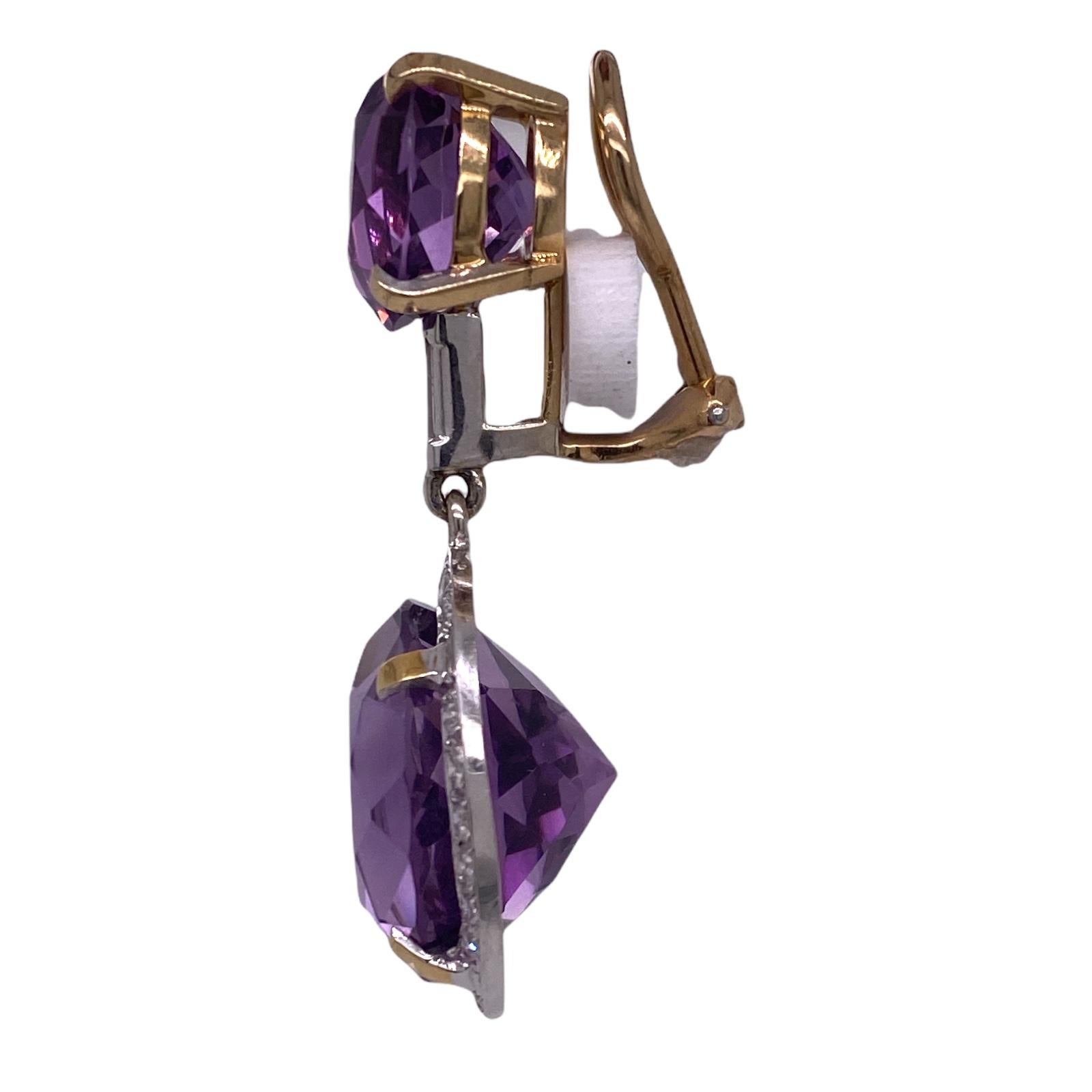 1970's Amethyst Diamond Drop Vintage Earrings 14 Karat Two Tone Gold Clip-On In Excellent Condition In Boca Raton, FL